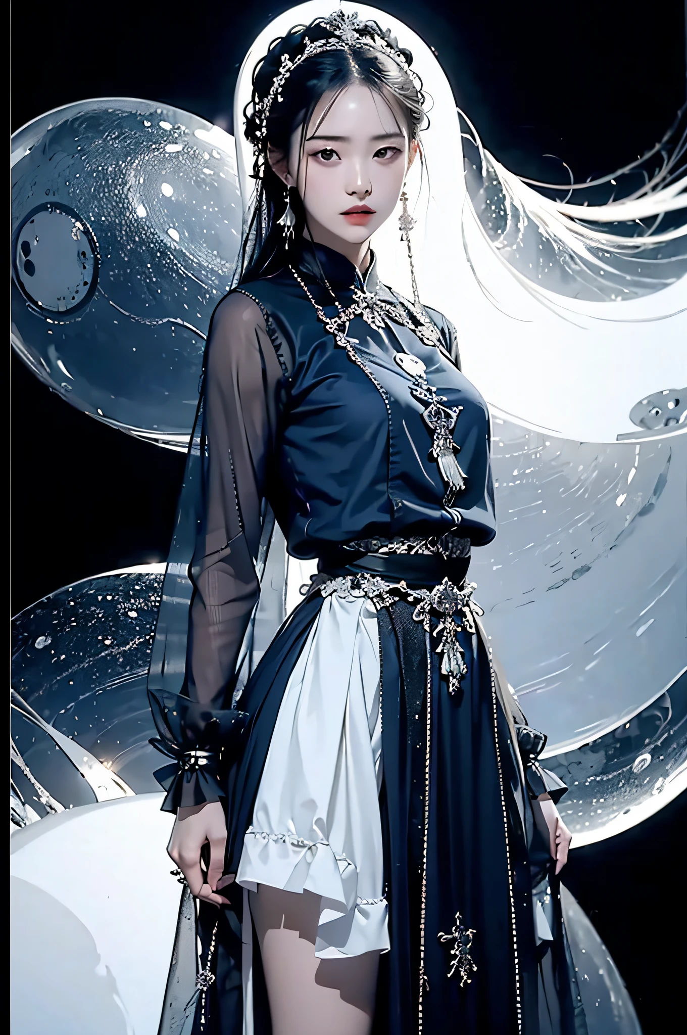 Hyperrealistic,4K,35mm,fashion,cinematography,magazine photoshoot,super high details, (Abstract Art:1.4), Professional lighting, Masterpiece, Best quality, Super high resolution, beautiful, Visually stunning, (1girls:1.3), (dark blue theme:1.2), Light gray background, Deep blue, Cowboy shot,Girl,Wuxia,Chinese style,Hanfu,Tang Feng,Red:1.9,The skin, Skirt,