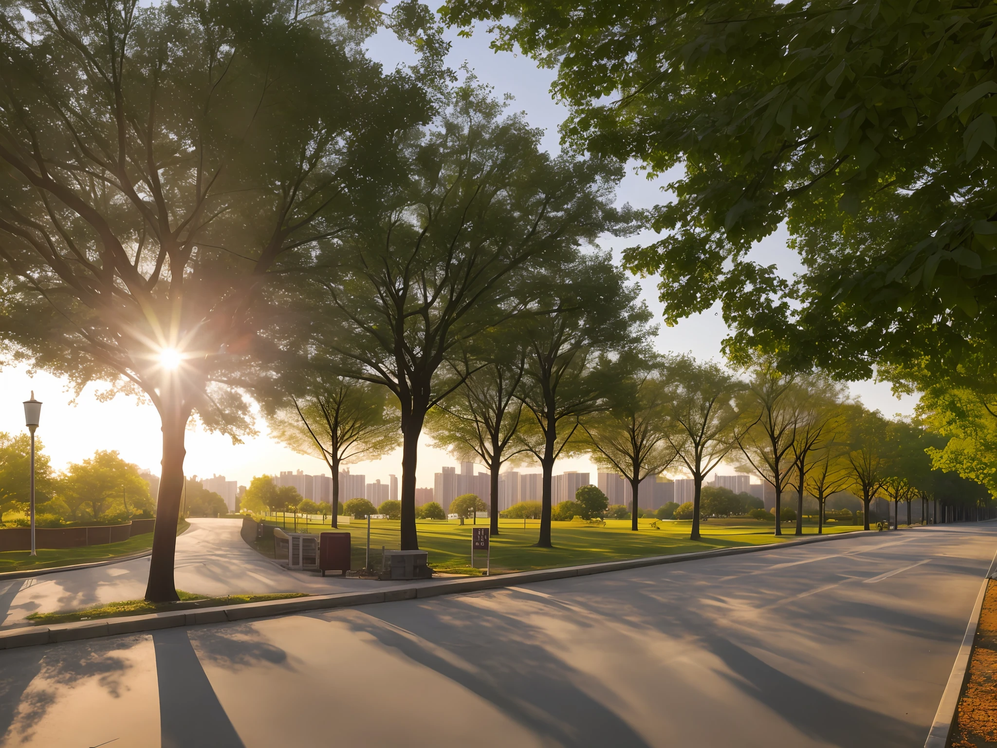 trees line the street in front of a fenced in area, golden hour in beijing, nature returning to the city, filtered evening light, nature growing around the city, tree-lined path at sunset, golden hour sunlight, the sun was shining, Beautiful Late Afternoon, late afternoon sun, park in background, spring early morning, late afternoon lighting, Sunny environment