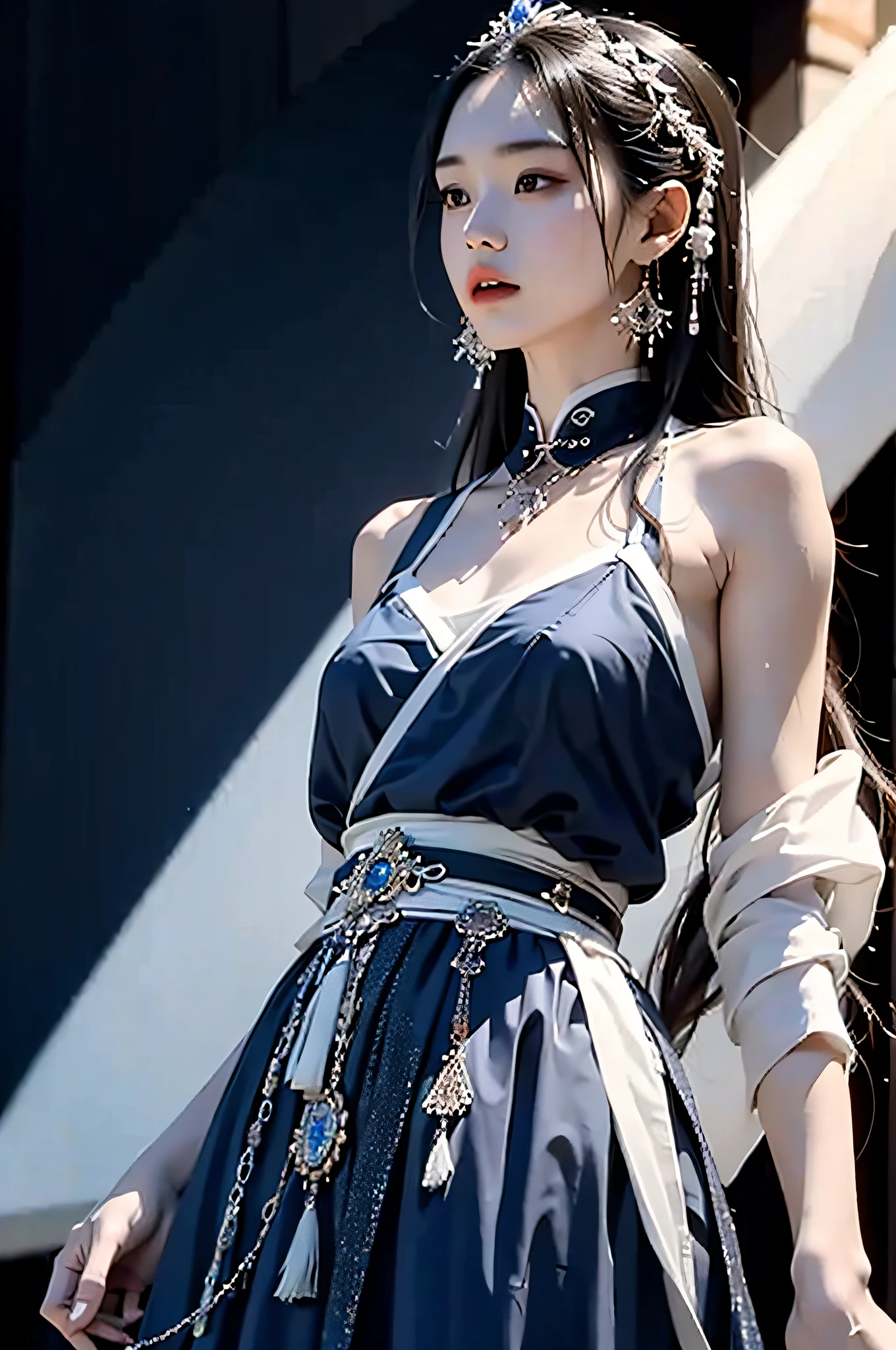 Hyperrealistic,4K,35mm,fashion,cinematography,magazine photoshoot,super high details, (Abstract Art:1.4), Professional lighting, Masterpiece, Best quality, Super high resolution, beautiful, Visually stunning, (1girls:1.3), (dark blue theme:1.2), Light gray background, Deep blue, Cowboy shot,Girl,Wuxia,Chinese style,Hanfu,Tang Feng,Red:1.9,The skin, Skirt，
