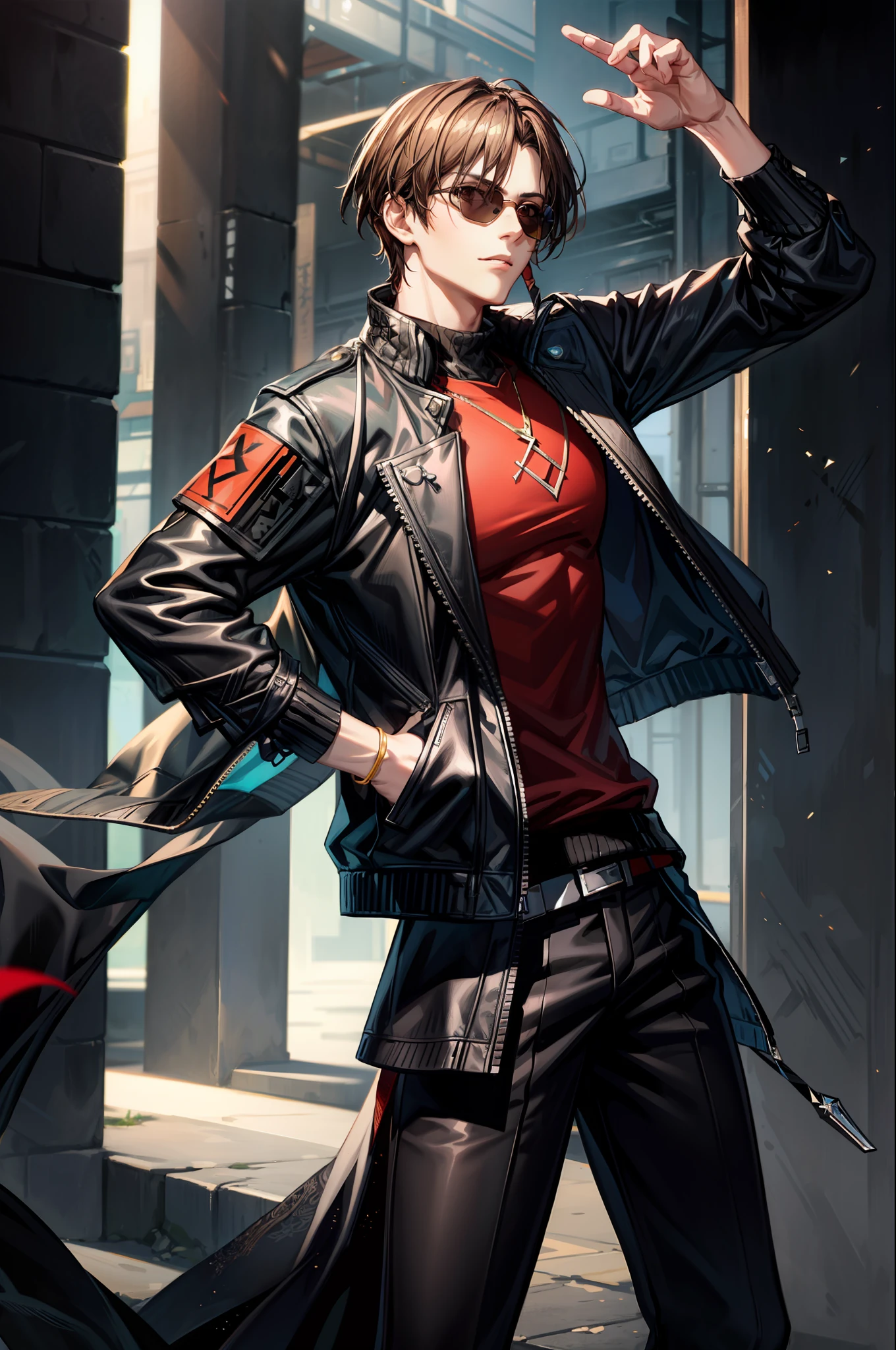 "Feast your eyes on this masterpiece of best quality! A confident young man stands proud in his jacket and sunglasses, his solo pose exuding style and attitude." , ((arknights))