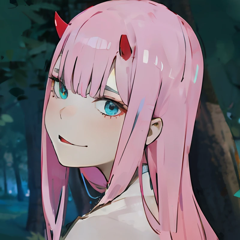 Girl with pink hair，Red Devil Horn，verd s eyes