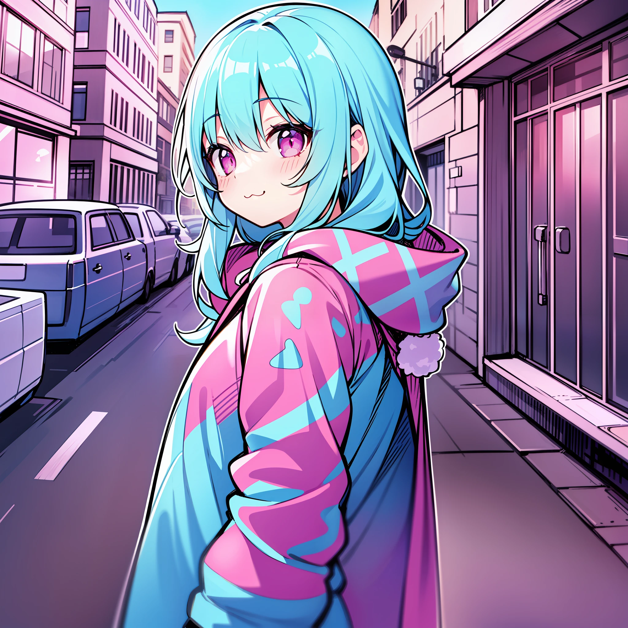 masterpiece, best quality, highres, solo focus, thick outlines, cute, pastel color palette for character, 1girl, solo, long baby blue hair, cotton candy pink eyes, :3, looking at viewer, winter, outdoors, jacket, streets,