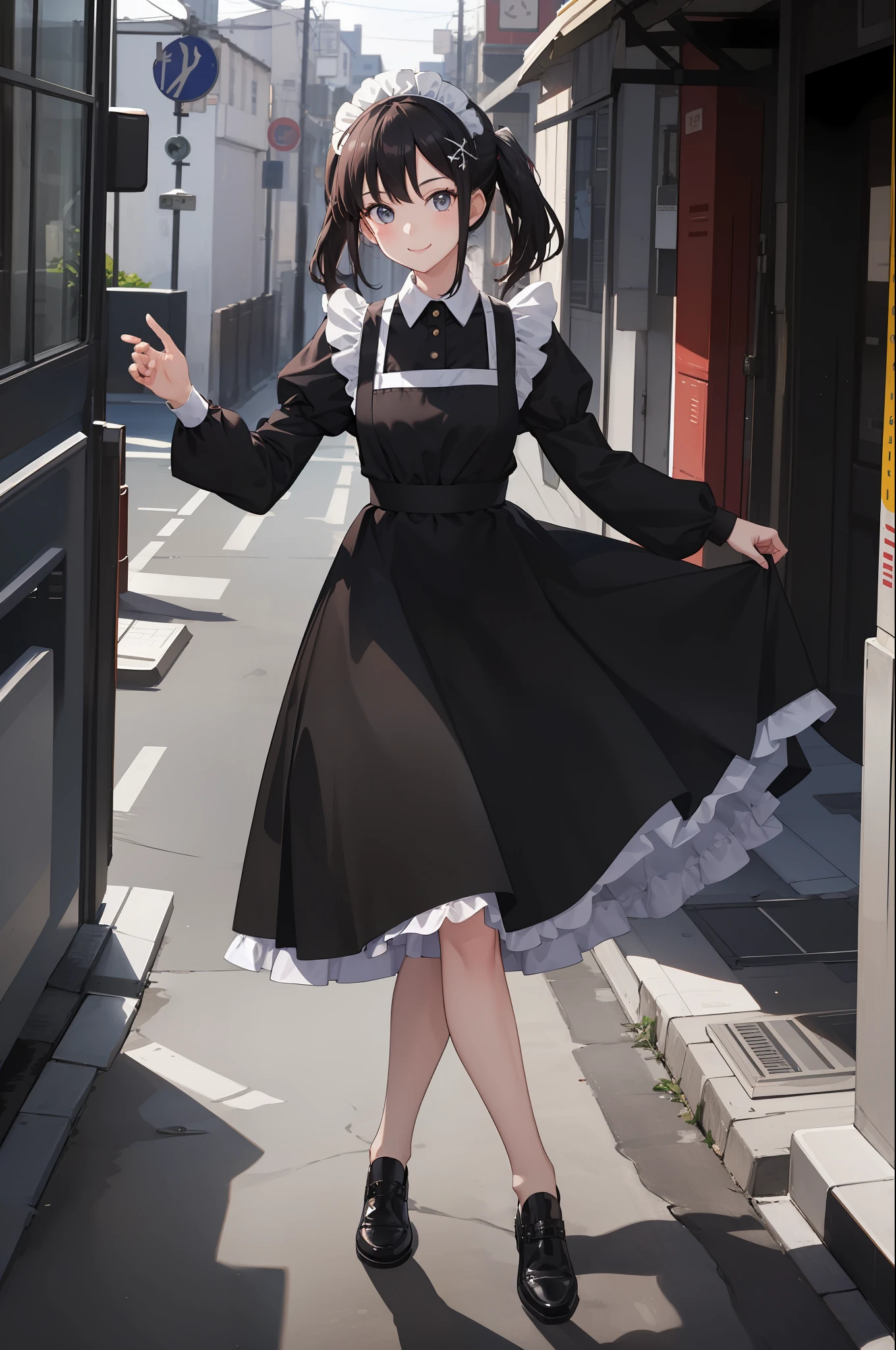 1 girl, smiling, skirt, (small) chillerism, dress, apron,,,,,,、 maid,,,,,,,,、 hair ornament, running briskly,