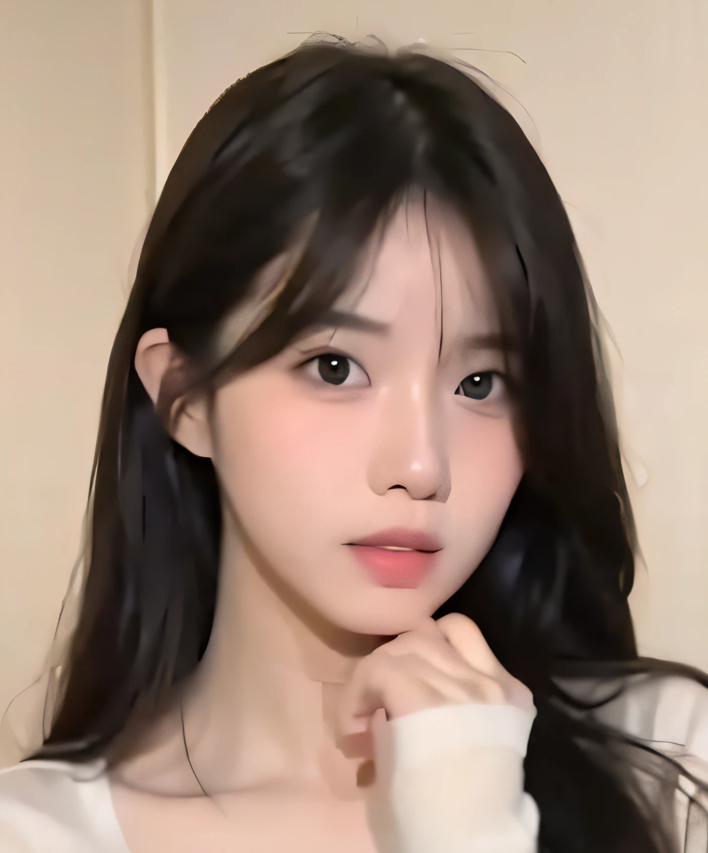 A high-definition close-up,Face of woman with long black hair and white shirt,Kawaii realistic portrait,Rounded face,Korean face features,Korean face girl,Bright light,dark backgrounds,Beautiful painting style。