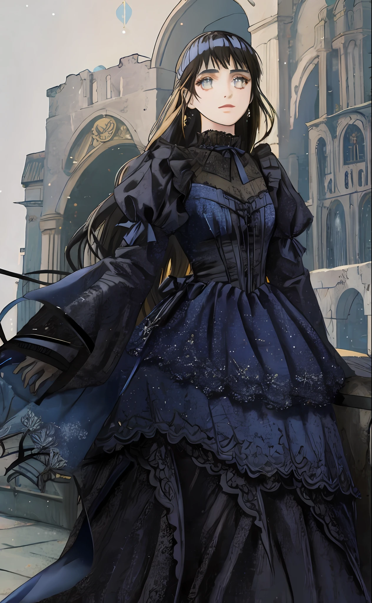 1girl, wearing this dress, beautiful, long hair, from front, fantasy dress, decorative dark blue clothing, magical dress, black gothic lolita dress, regal dark blue clothes, dark astral dress, gold brocaded dark blue clothes, elegant dark blue dress, dark blue and black, dark blue clothes, wearing fantasy formal clothing, big dark blue ribbon in back waist, shinning, glitter