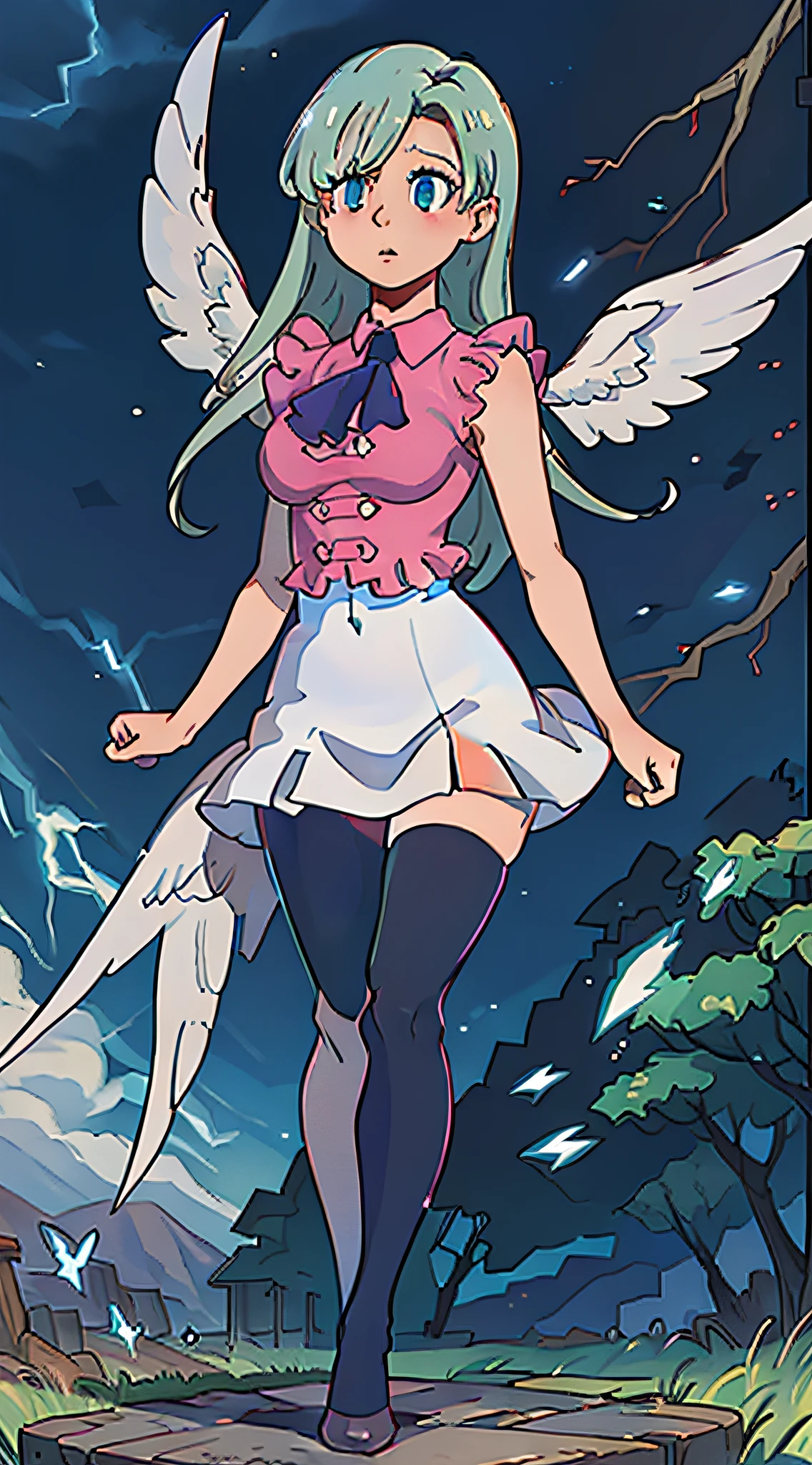 ((Masterpiece)), 1girl, white leotard, white pleated skirt, pink tight gloves, ruffled stockings, beautiful wings, perfect body, sexy body, (full body)), pigeon-toed, super beautiful, looking to wiewer, ((beautiful eyes)), ((good anatomy)), (highly detailed), ((best quality)), (((masterpiece))), absurderes, cinematic lightning