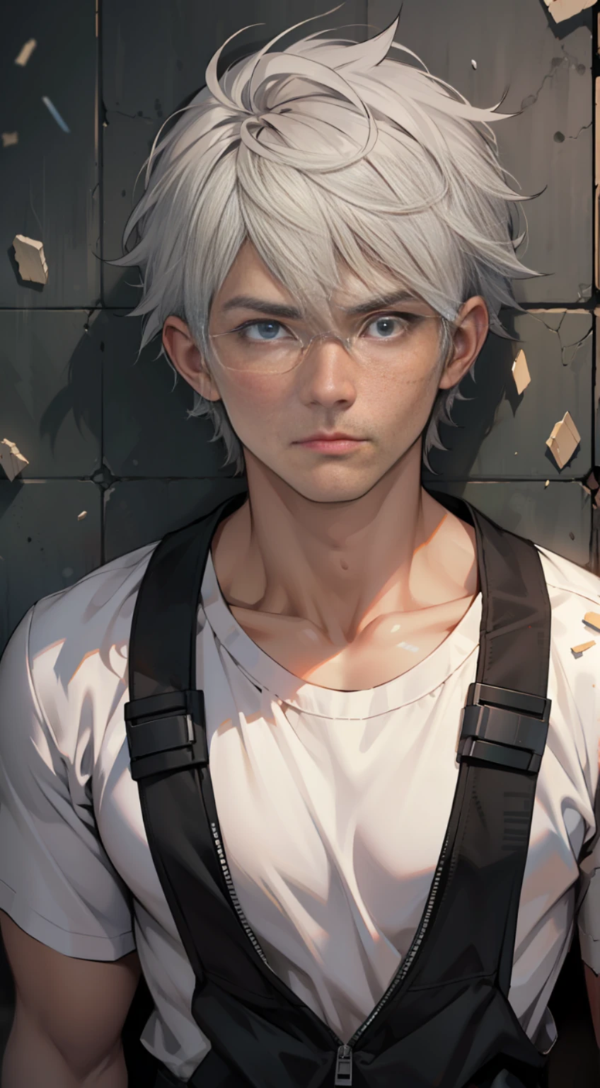 32K, Highest image quality, Male Man Image,High-tone lighting,Characters with gray hair and short hair,Wearing a white shirt,body(Lean against the wall:1.2),Wall dent cracks,Debris scattered everywhere。