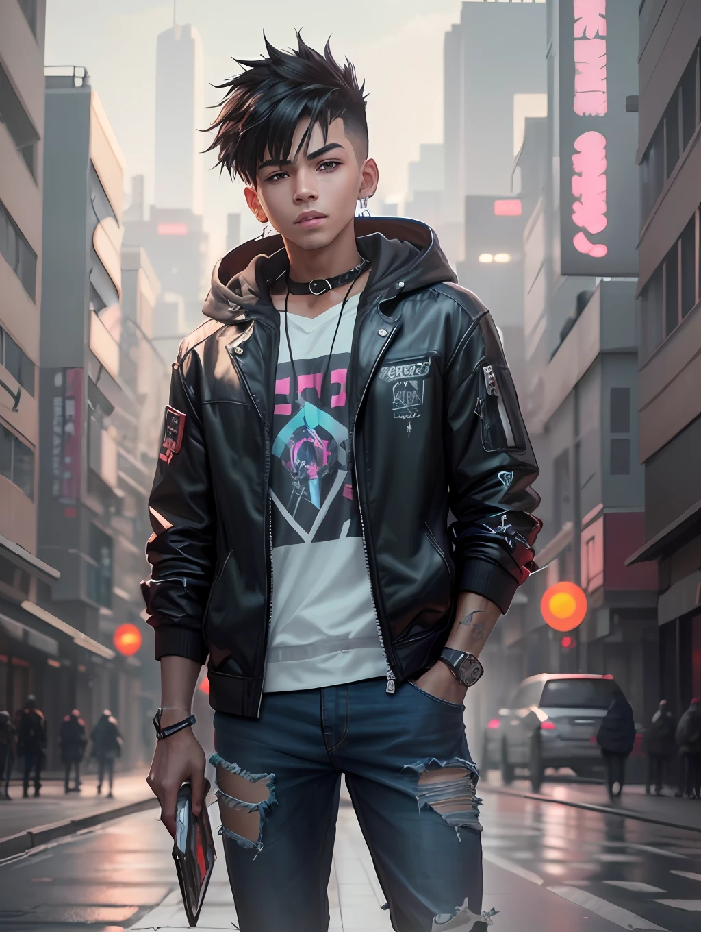 arafed boy in a black jacket and jeans standing on a street, anime style. 8k, hyper-realistic cyberpunk style, realistic anime 3d style, anime style 4 k, cyberpunk anime boy, male cyberpunk anime boy, cyberpunk anime boy in hoodie, in cyberpunk style, cyberpunk style ， hyperrealistic, cyberpunk streetwear, cyberpunk vibe
