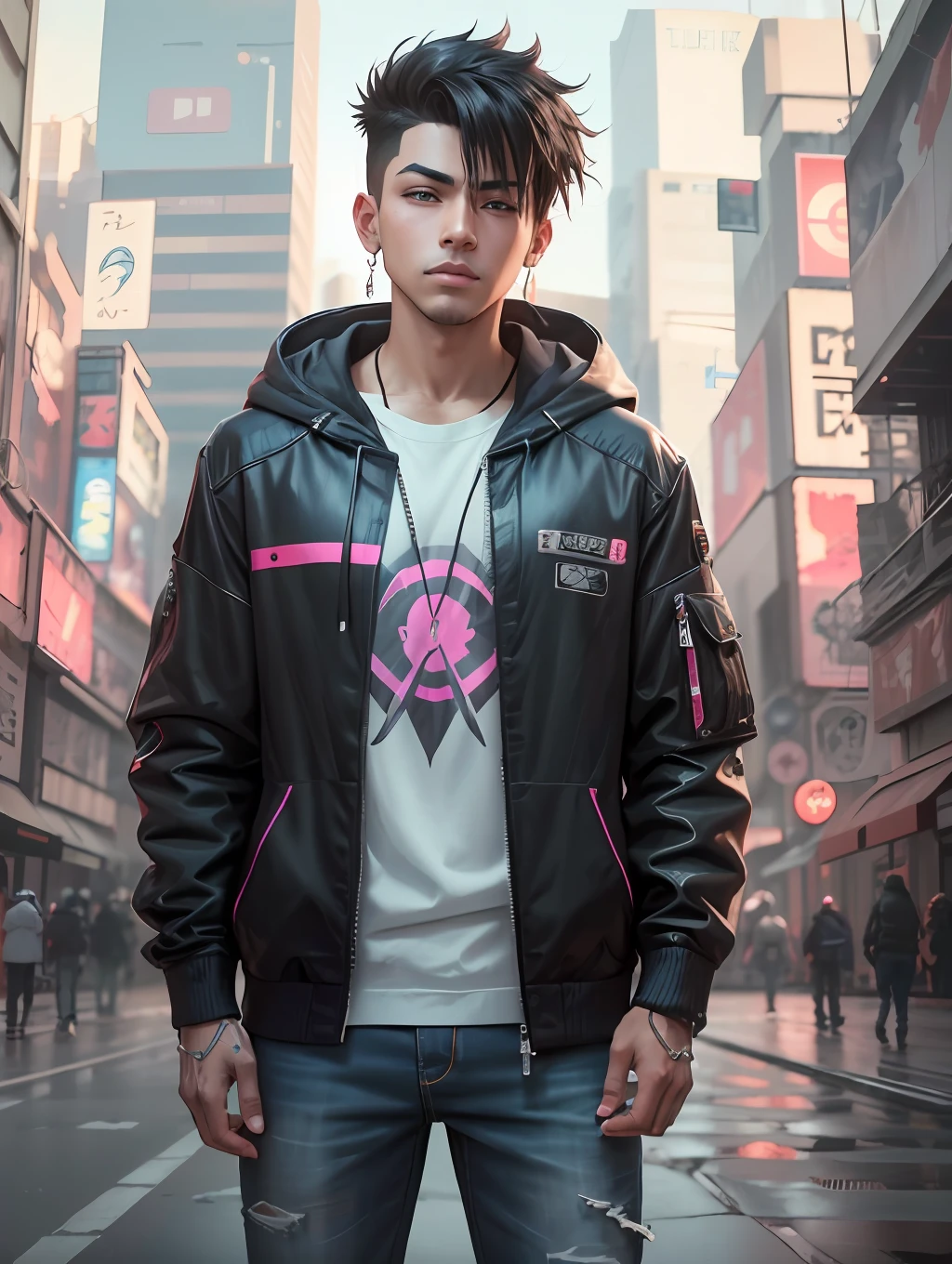 arafed boy in a black jacket and jeans standing on a street, anime style. 8k, hyper-realistic cyberpunk style, realistic anime 3d style, anime style 4 k, cyberpunk anime boy, male cyberpunk anime boy, cyberpunk anime boy in hoodie, in cyberpunk style, cyberpunk style , hyperrealistic, cyberpunk streetwear, cyberpunk vibe