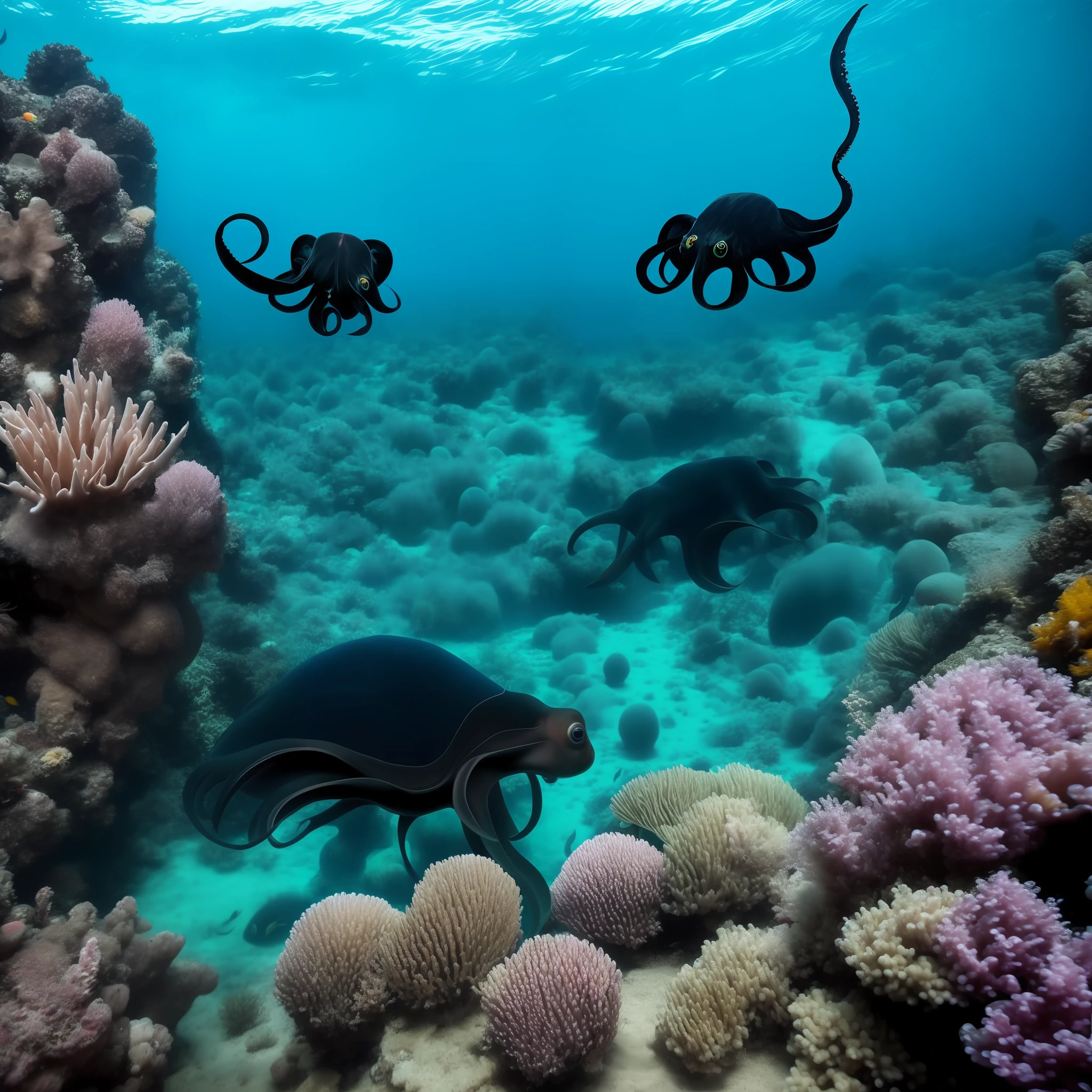 Large black octopus chasing mermaids at the bottom of the sea --auto