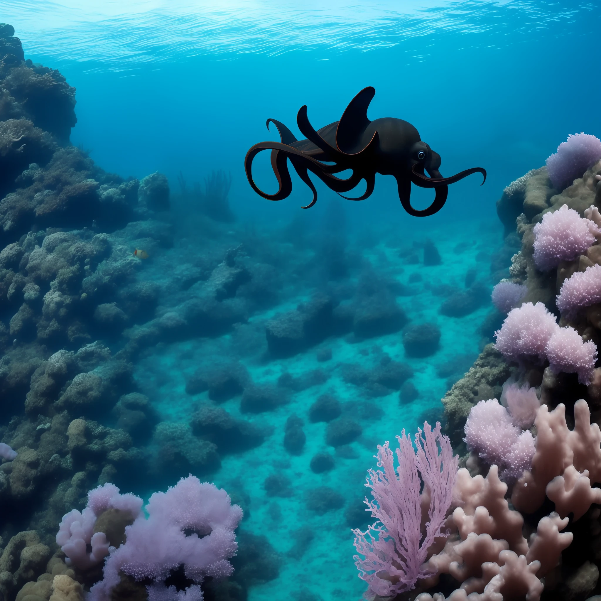 Large black octopus chasing mermaids at the bottom of the sea --auto