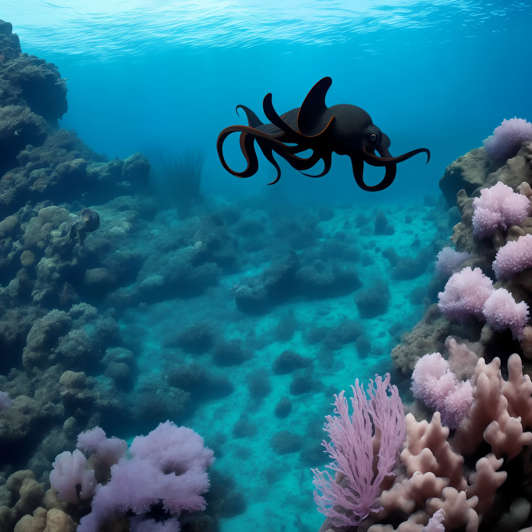 Large black octopus chasing mermaids at the bottom of the sea --auto