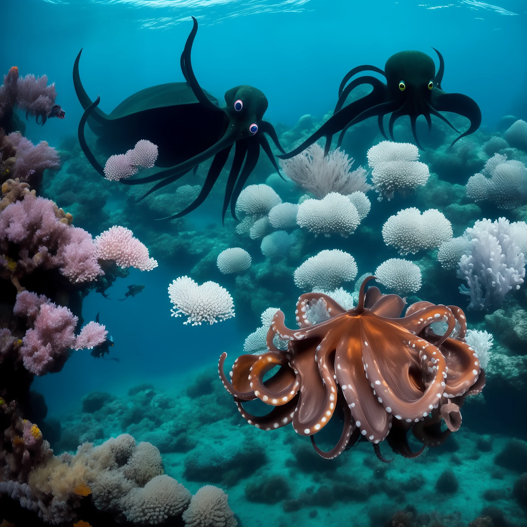 Large black octopus chasing mermaids at the bottom of the sea --auto