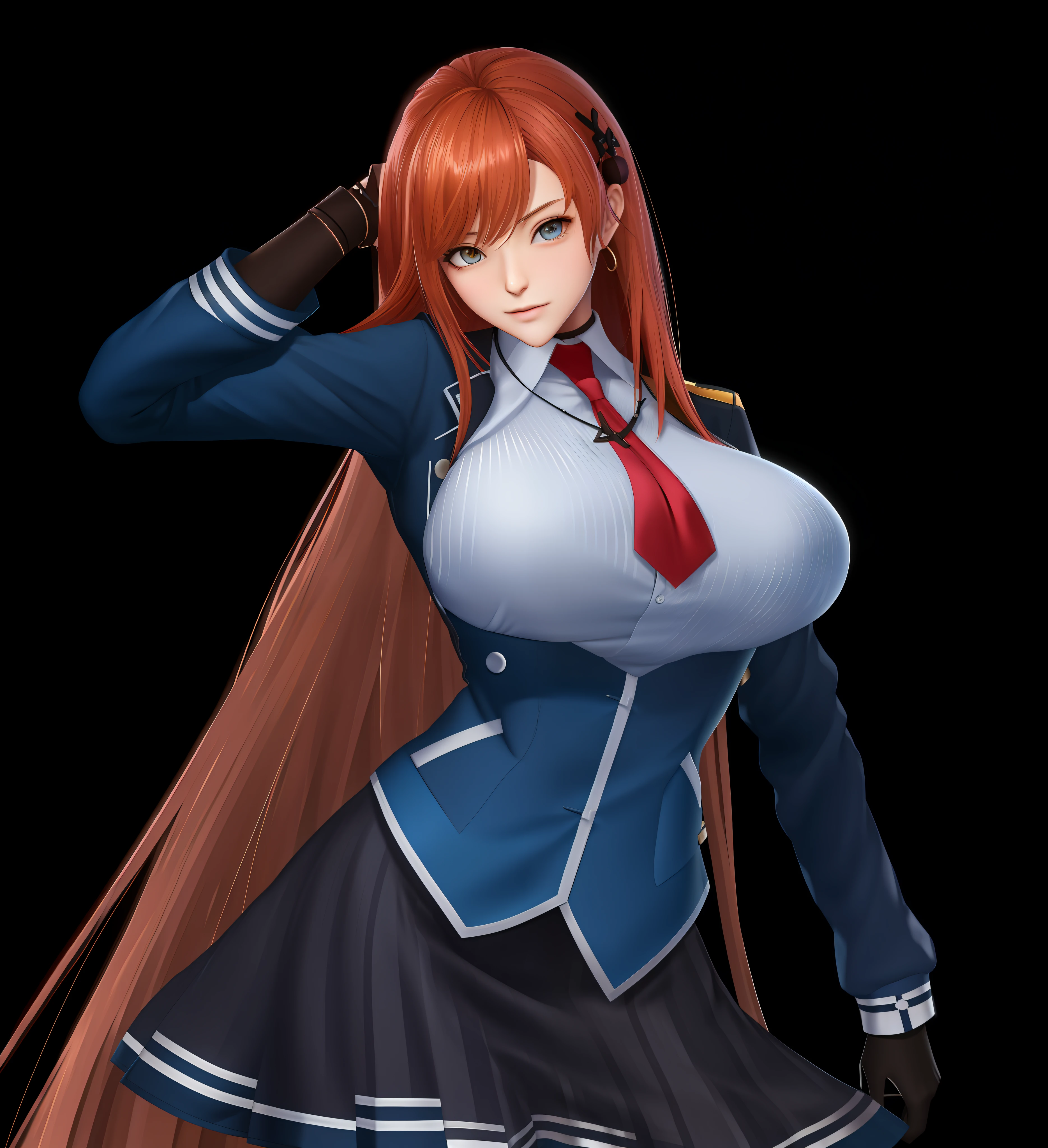 Chica anime con cabello largo y chaqueta azul y corbata roja, Detalles finos. girls frontline, pechos enormes,Render de abril, De Girls Frontline, Estilo Azur Lane, pechos grandes,Cushart Krenz Key Art Femenino, Del videojuego Azure Lane, Chicas Frontline CG, OPPAI, Marin Kitagawa Fanart, Colegiala realista, girl front line style