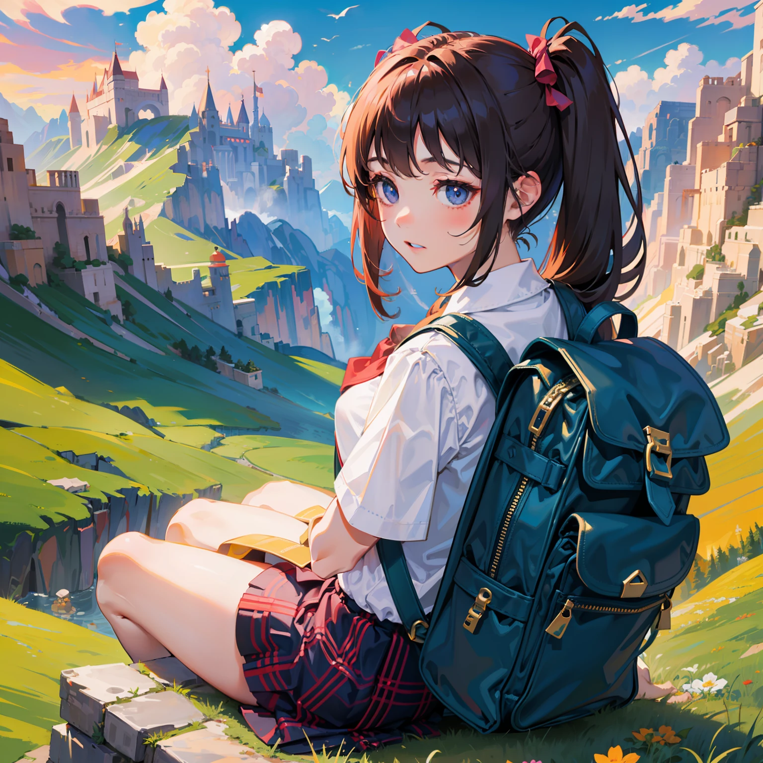 Official art、animated cartoon、A schoolgirl、sit ch、landscape shot、Faraway view、Twilight rays Carrying a rucksack