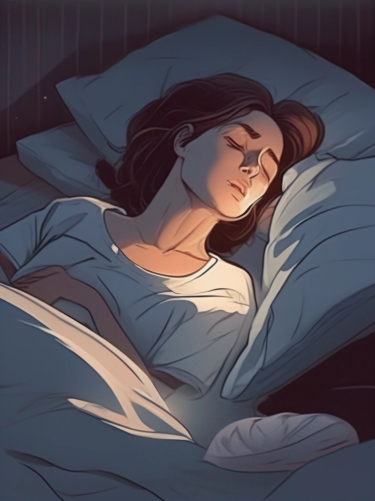 (Beautiful picture quality, High-quality illustrations), High quality details, Static bed scene, Depicting a woman,Holding a pillow in his hand,Inability to sleep, Dead, Dim light, Struggling expressions,The state of insomnia