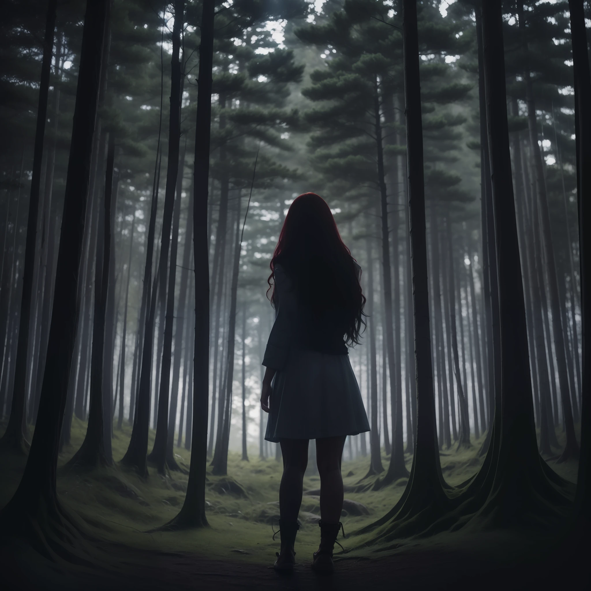Red-haired woman standing in front of a large window A landscape of a forest at night, iluminada por um luar brilhante, 8k