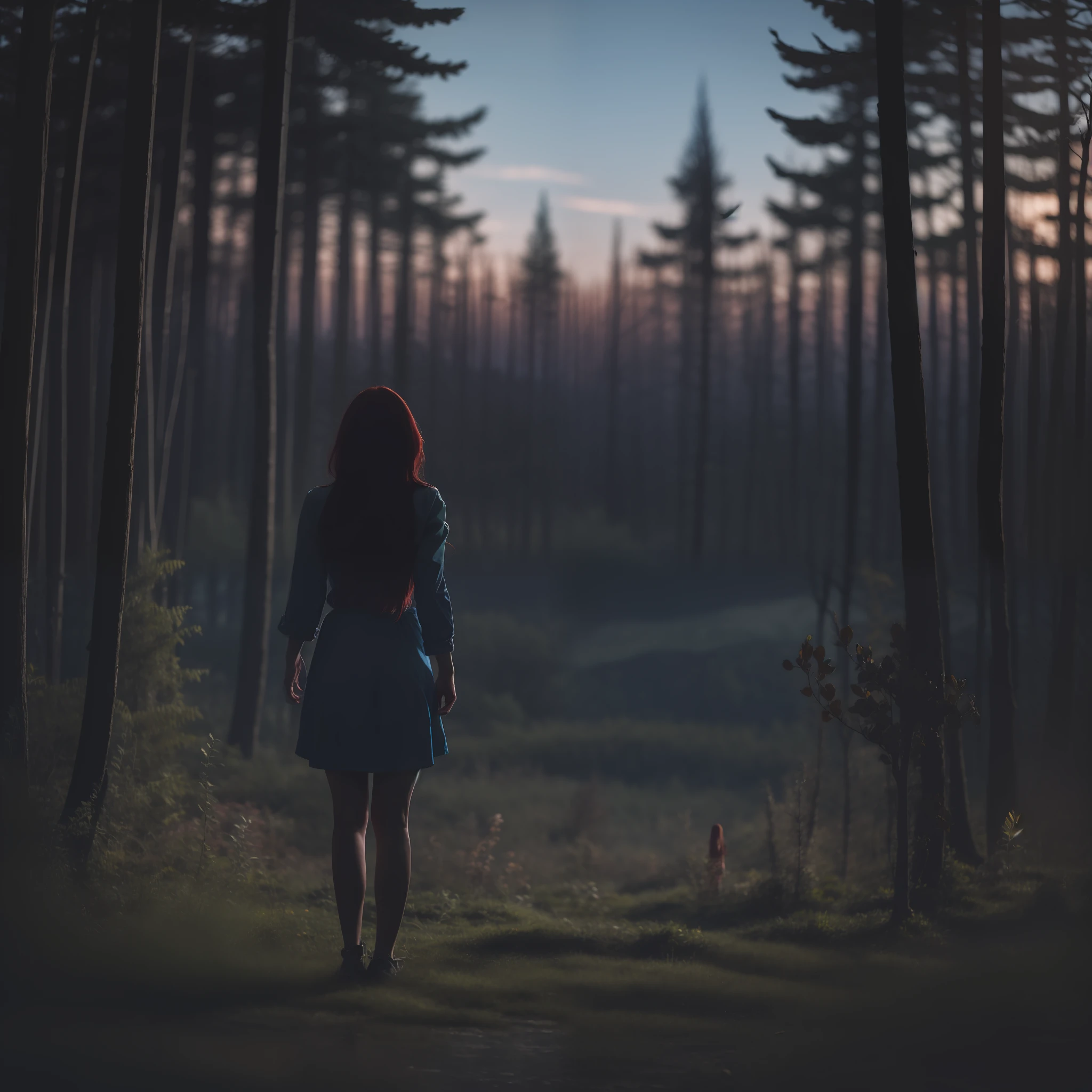 Red-haired woman standing in front of a large window A landscape of a forest at night, iluminada por um luar brilhante, 8k