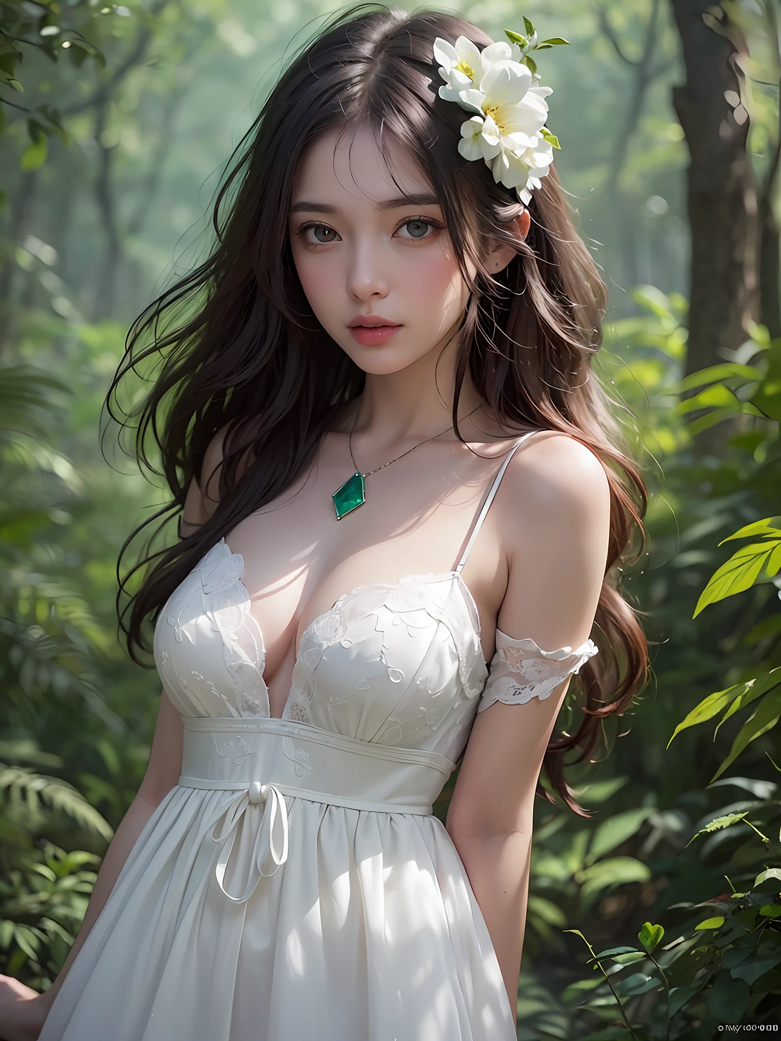 [(white backgroun:1.4)::5], Dynamic angle, Original, Additional Detail,(Ultra-detailed),illustration,(Extremely detailed CG Unity 8k wallpaper), Perfectcomposition ,Intricate details, (Colorful:0.9), (body complet:1.25), (intense angle:1.3),(Depth of field), (Tyndall effect:1.2), [Bottle bottom], An extremely delicate and beautiful girl, solo, Sad expression, Black hair, (Emerald eyes:1.3), Messy_Hair, Long hair, (+perfect hand+:1.21), necklac, (focal point_girl:1.4), Original characters, natural volumetric lighting and best shadows, white sundress, (circle bottom:0.8), (+in the forest+:1.2), (brook|falls:1.2),