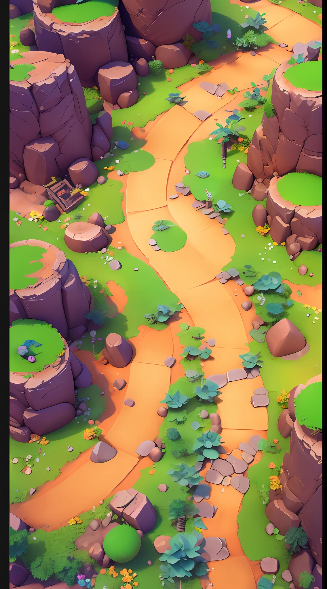 Game map design，cartoonish style，Desert theme、angle of depression，In the middle is a smooth path，gameicon，A desert，Rochas，cacti，masterpaintings，Epic composition，Best Quority，ultra-high-resolution，3Drender，8K
