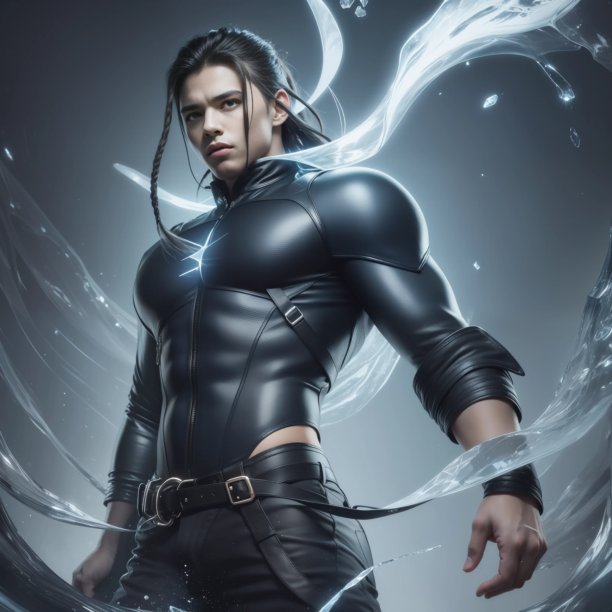 Cool boy,cinematlic lighting，Dark Boy，strong contrasts,Rough、hale and hearty、Powerful figure and face,Tightens braids,blue backdrop,Crystal distortion effect。
