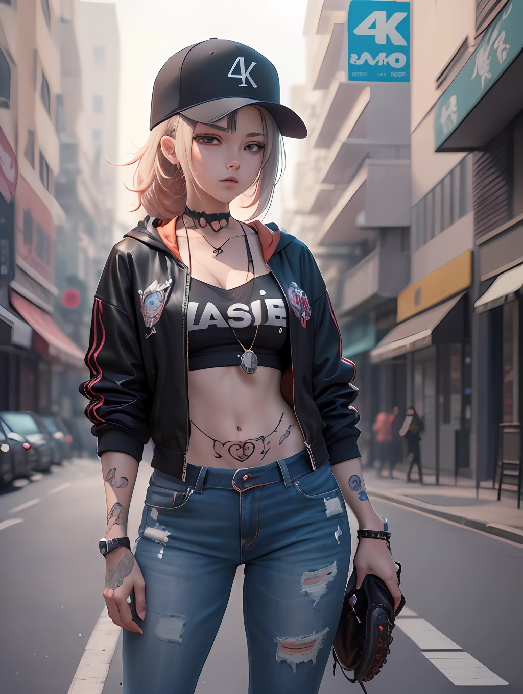 there is a woman with tattoos and a baseball cap on, anime style 4 k, badass anime 8k, anime style. 8k, 4k anime wallpaper, anime art wallpaper 8k, anime wallpaper 4k, anime wallpaper 4k, 8k high quality detailed art, anime art wallpaper 4k, anime art wallpaper 4 k, anime styled 3d