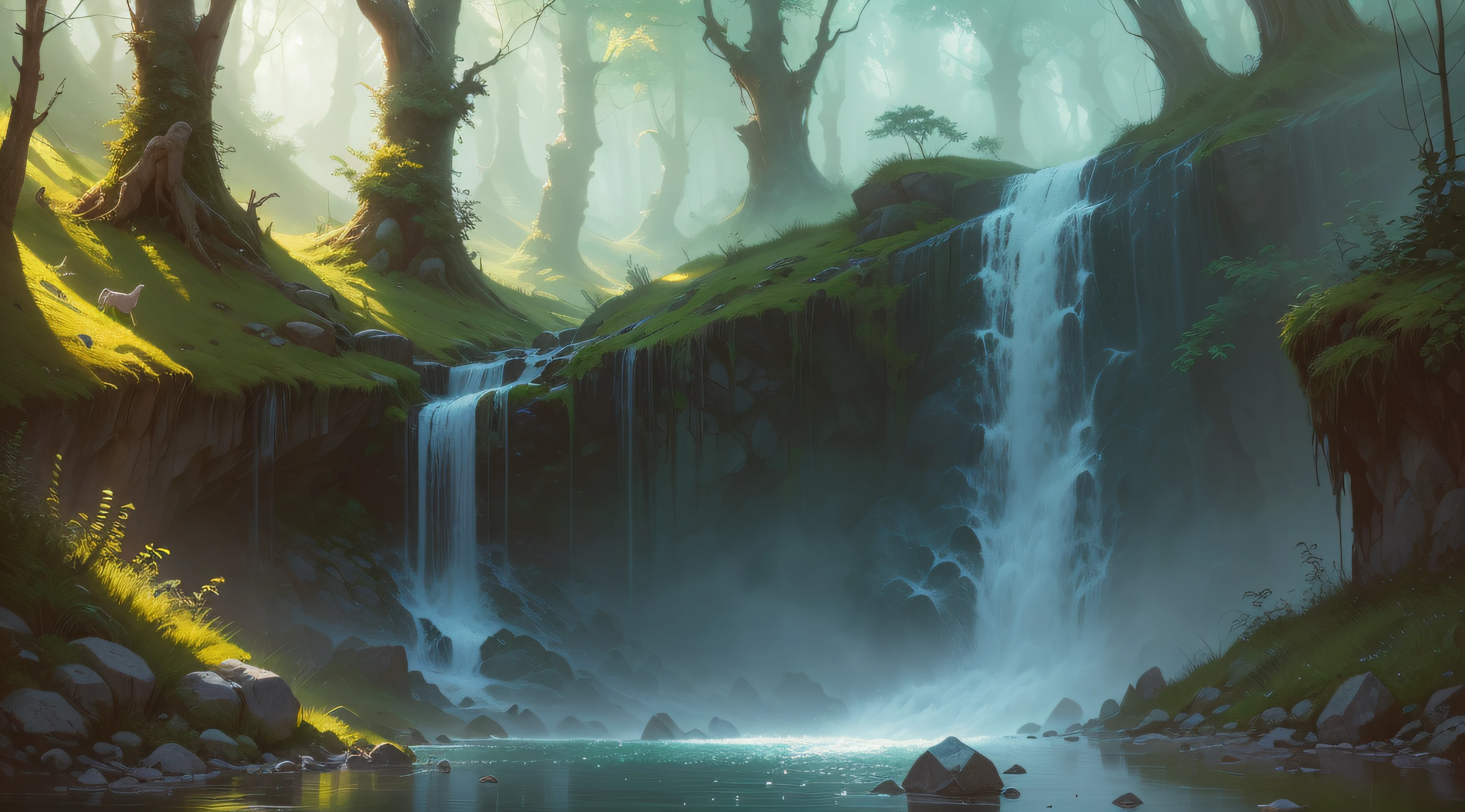(A magical forest with a creek and high watrerfall.:1.1), motor irreal, cinematiclighting, arte conceitual, chiaroscuro, profundidade de campo, UHD, ((super detalhe, alta qualidade, melhor qualidade, preciso, 16k)),1772Pixel-1280Pixel, natural scenery, fora, HDR, ornamentado, alto detalhe, detalhes intrincados, hiperdetalhado:1.15, fundo detalhado, Water and paint, (estilo de (Greg Rutkowski:1.0) e (Darek Zabrocki:0.8) e (Andreas Rocha:0.8):1.2), uma pintura fosca detalhada