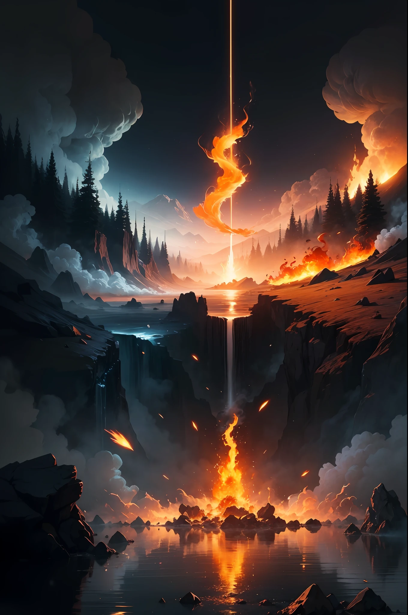 Masterpiece, 4k, 8k, good quality, wallpaper image, best of quality, a wallpaper of fire and water colliding each other and have smoke that is very beautiful