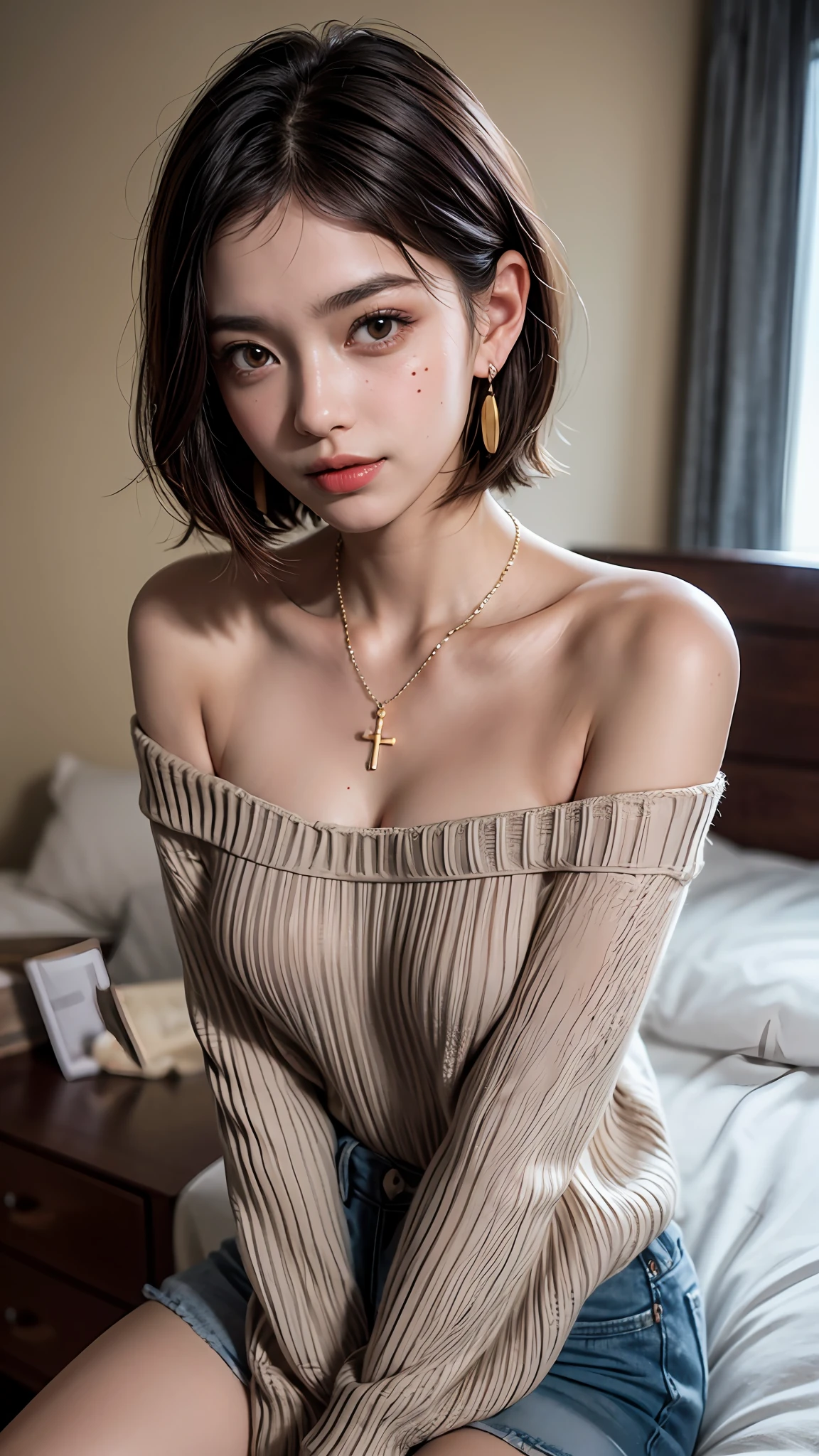 (short hair woman), (off-shoulder sweater, oversized sweater), (hiden short pants), (cross-legged sitting, hands lying on thighs), on bed, medium breasts, deep cleavage, best quality, masterpiece, illustration, very delicate and beautiful, very detailed skin, CG, Unity, 8K wallpapers, amazing, fine detail, highly detailed CG Unity 8K wallpapers, huge file size, high resolution, handsome detailed woman, very detailed eyes and face, Stunning detailed eyes, light on the face, (Best illustration: 1.1), (best shadow: 1.1), ultra high resolution, (photorealistic: 1.1), (photorealistic 1.2:1.1), realistic face proportions,slim,smile,(fluffy black eyes: 1.21), black eyes, looking at the viewer, dark brown hair, earrings, necklaces, hairpins, full body shots, (irregular skin imperfections,veins,moles,skin wrinkles,pores: 1.2), (dark night background: 1.2), (bokeh: 1.4),