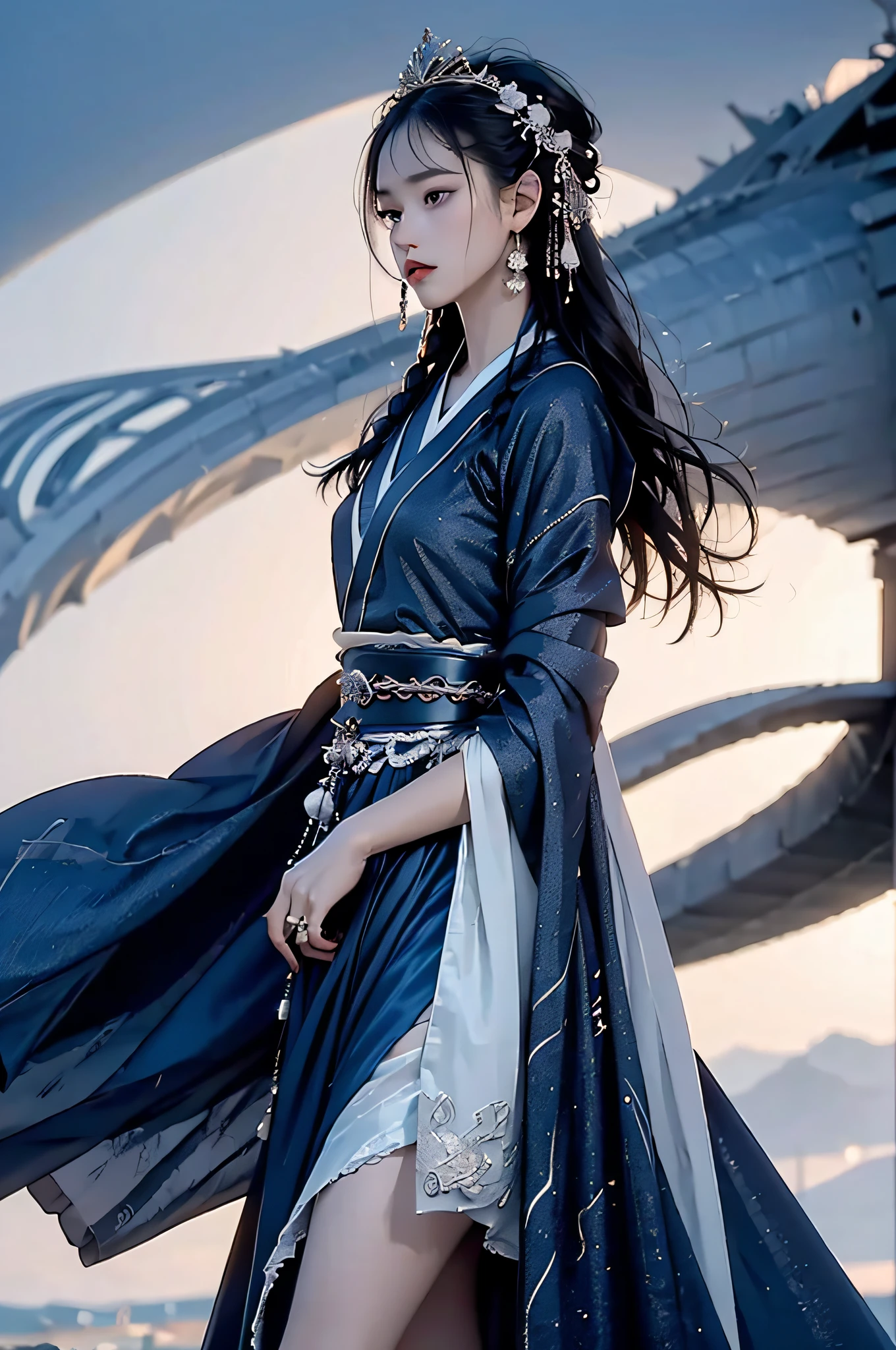 Hyperrealistic,4K,35mm,fashion,cinematography,magazine photoshoot,super high details, (Abstract Art:1.4), Professional lighting, Masterpiece, Best quality, Super high resolution, beautiful, Visually stunning, (1girls:1.3), (dark blue theme:1.2), Light gray background, Deep blue, Cowboy shot,Girl,Wuxia,Chinese style,Hanfu,Tang Feng,,The skin, Skirt,