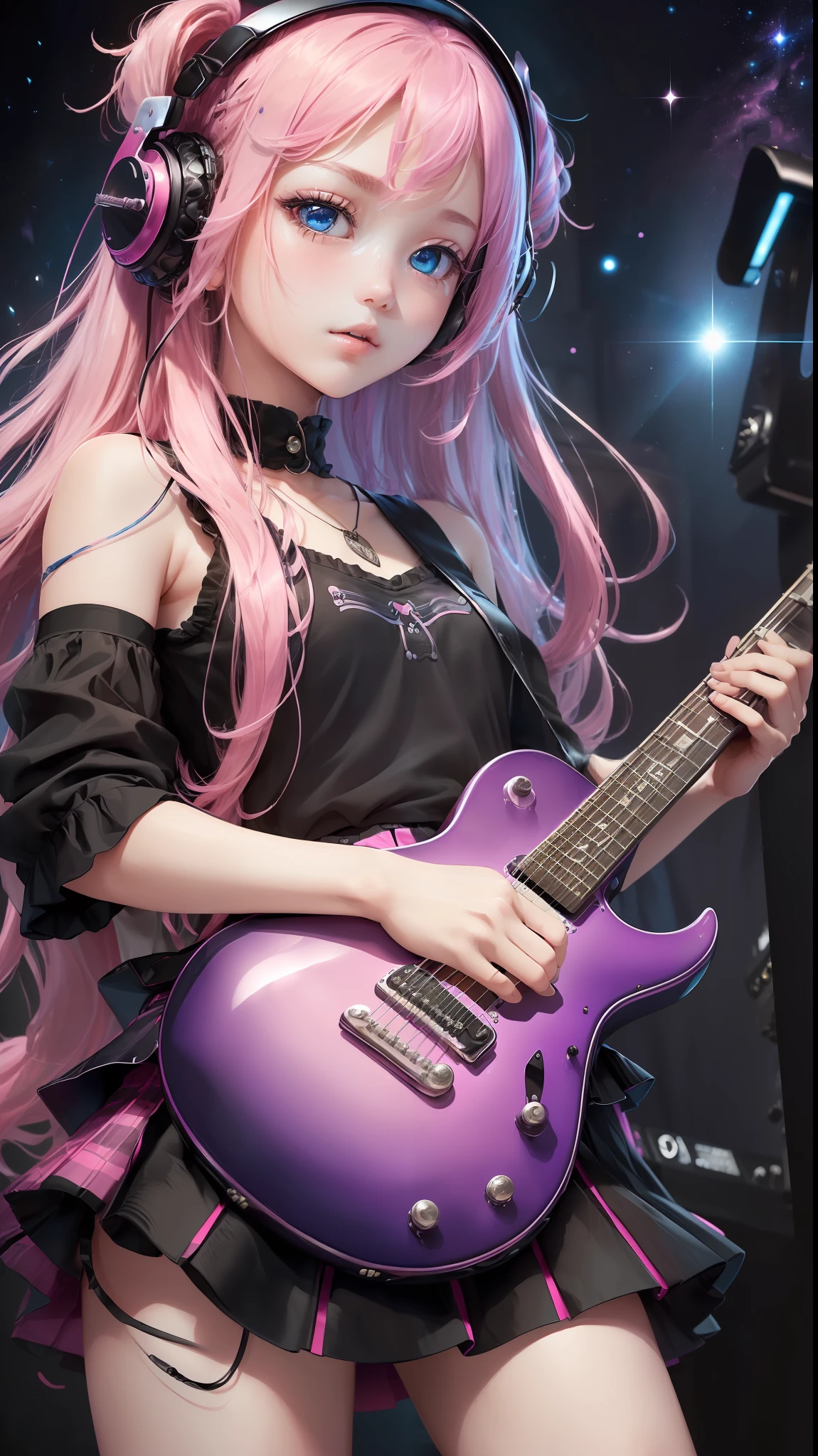 ((((巨作))), Best quality, A girl, Black skirt, electric guitar, head phone, guitar, Pink hair, Blue eyes, Long flowing hair, The instrument looks, ((Pleated skirt)), Black shirt, inside bedroom, playing guiter, The melody of the music is gripping, Unique playing stance. --auto
