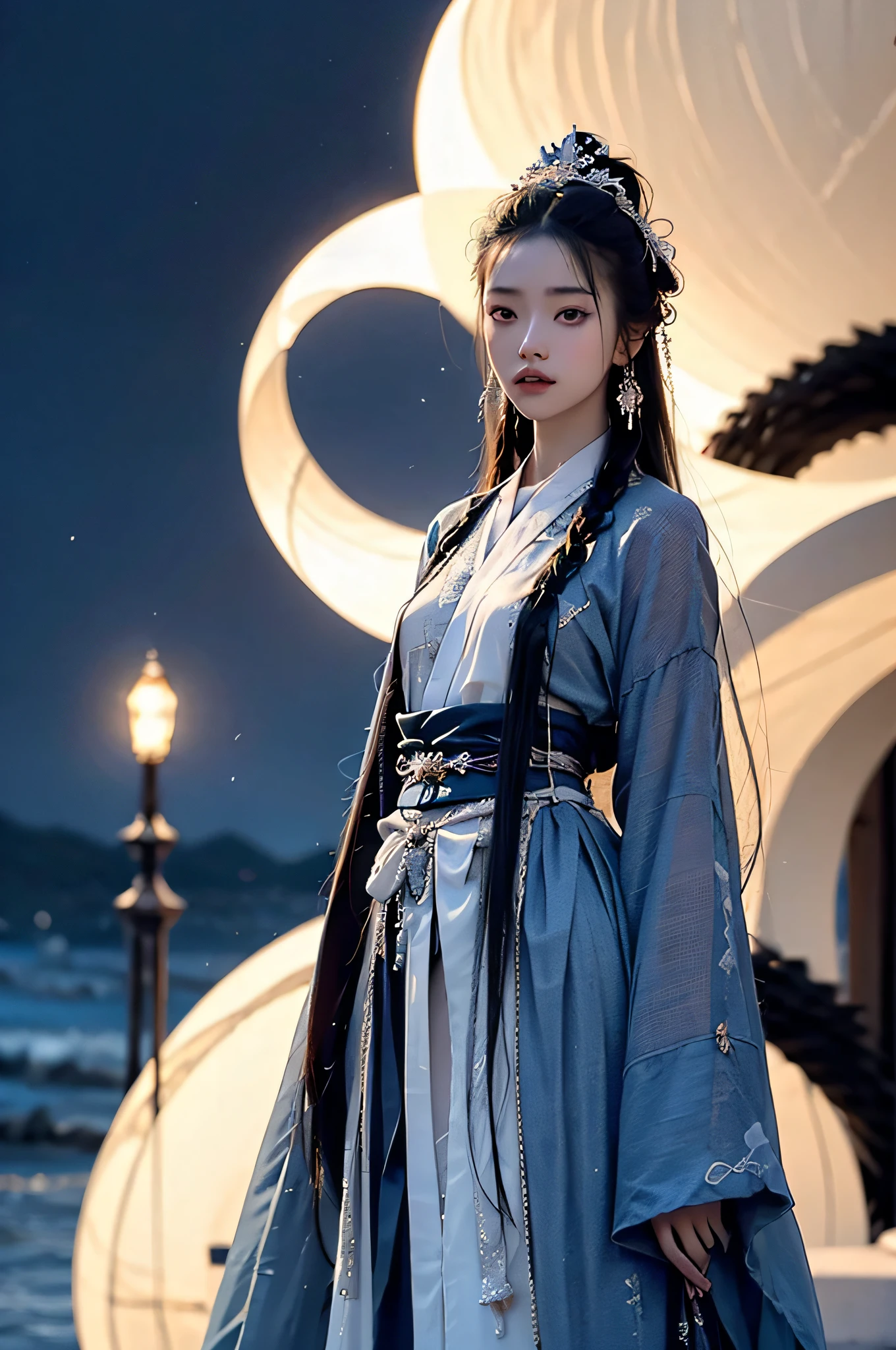 Hyperrealistic,4K,35mm,fashion,cinematography,magazine photoshoot,super high details, (Abstract Art:1.4), Professional lighting, Masterpiece, Best quality, Super high resolution, beautiful, Visually stunning, (1girls:1.3), (dark blue theme:1.2), Light gray background, Deep blue, Cowboy shot,Girl,Wuxia,Chinese style,Hanfu,Tang Feng,,The skin, Skirt,