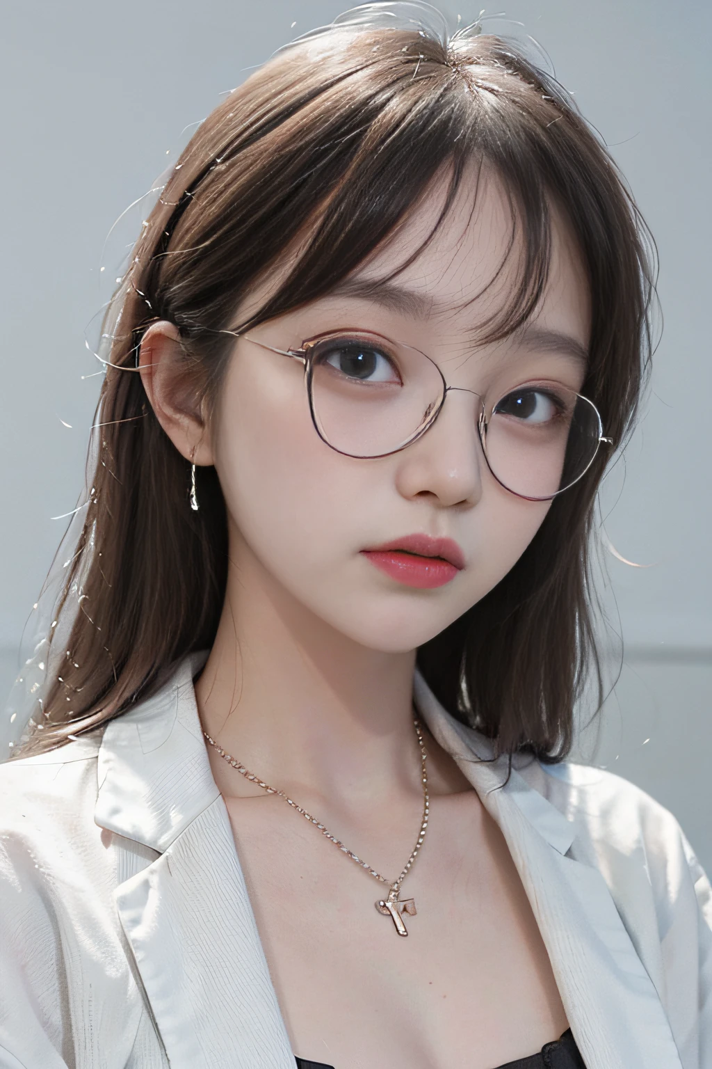 Top image quality、Raw photography、ultra-high-resolution、Close-up of the face、18-year-old Korean、Glasses beauty、fair white skin、shiny white skin、Beautiful eyes with random colors、beautiful eyes finely detailed、elongated eyes、neckless、Fashionable glasses、Black glasses