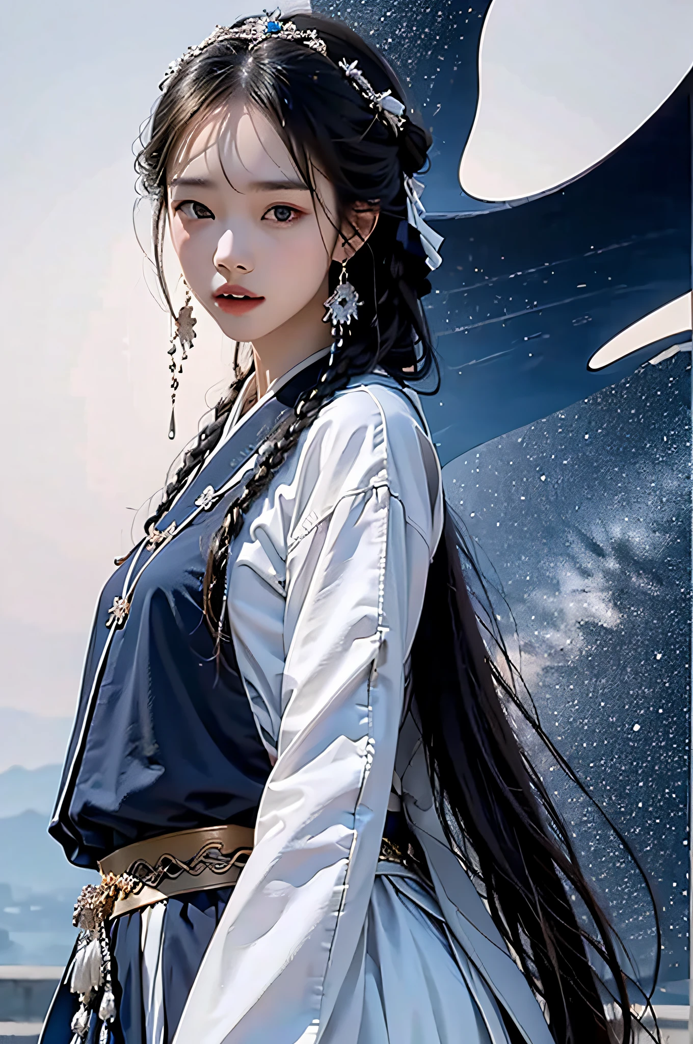 Hyperrealistic,4K,35mm,fashion,cinematography,magazine photoshoot,super high details, (Abstract Art:1.4), Professional lighting, Masterpiece, Best quality, Super high resolution, beautiful, Visually stunning, (1girls:1.3), (dark blue theme:1.2), Light gray background, Deep blue, Cowboy shot,Girl,Wuxia,Chinese style,Hanfu,Tang Feng,,The skin, Skirt,