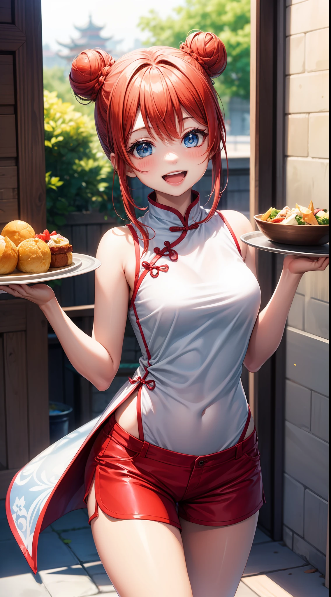 young girl, red hair in a bun, blue eyes, Chinese sleeveless dress, Shorts, A tray of food, Cheerful smile, open mouth, Masterpiece, high qulity