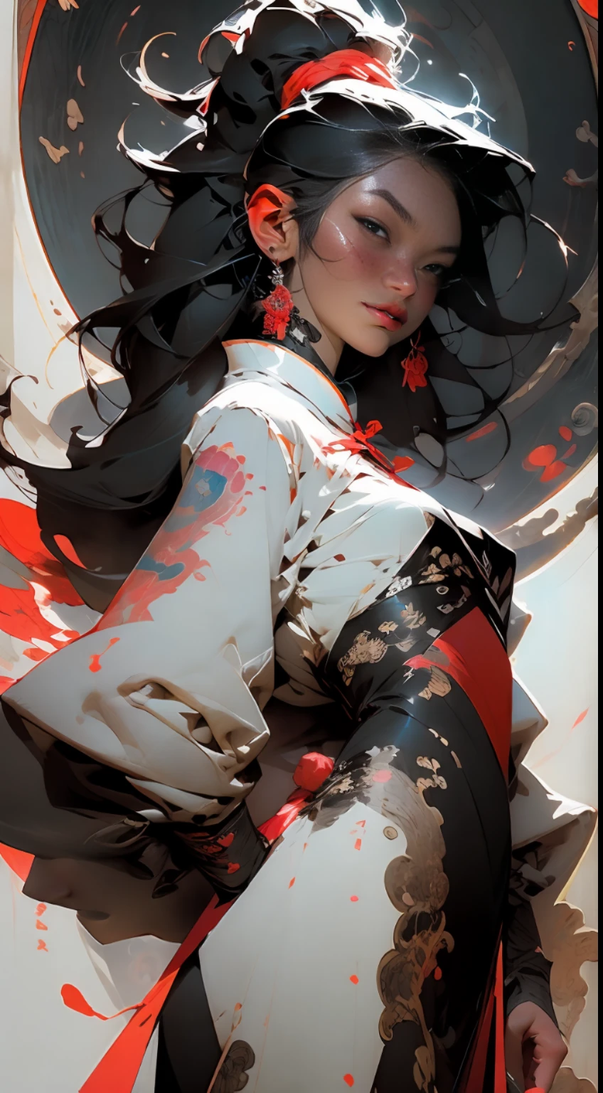 wuxia,vector art,1ebony woman with tattoos,black hair,white clothes,super colorful,luminous colorization,sharp, cinematic,dof,35mm,pintura luminosa