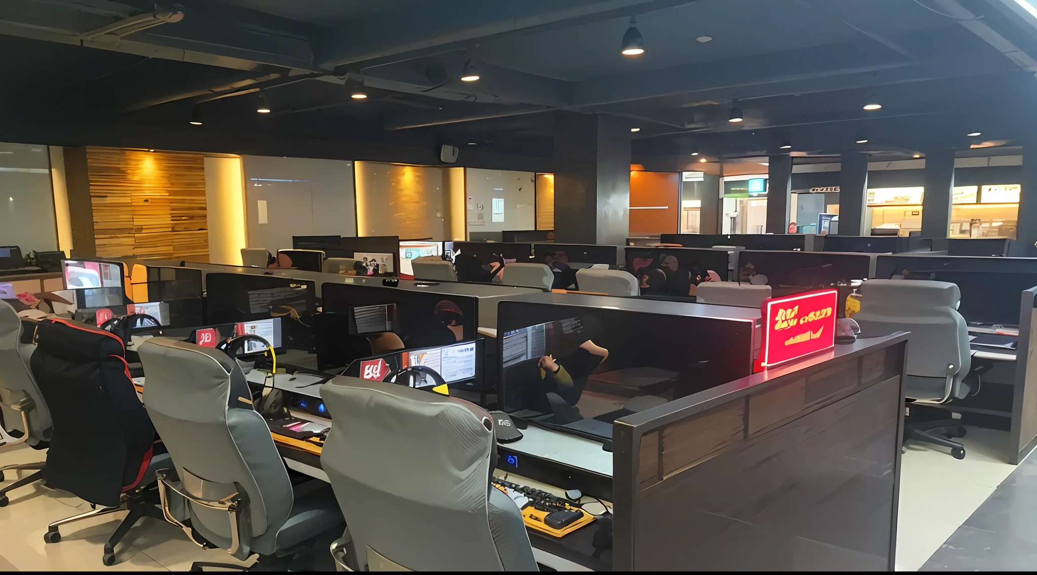 there are many computers in the office with chairs and desks, gaming room, brass equipment and computers, multiple desks, full - view, esports, jollibee city, yellow lighting from right, big desk, huge computer screens, floor b2, many screens, gaming, set inside of the bank, 4 d cinema, large screens