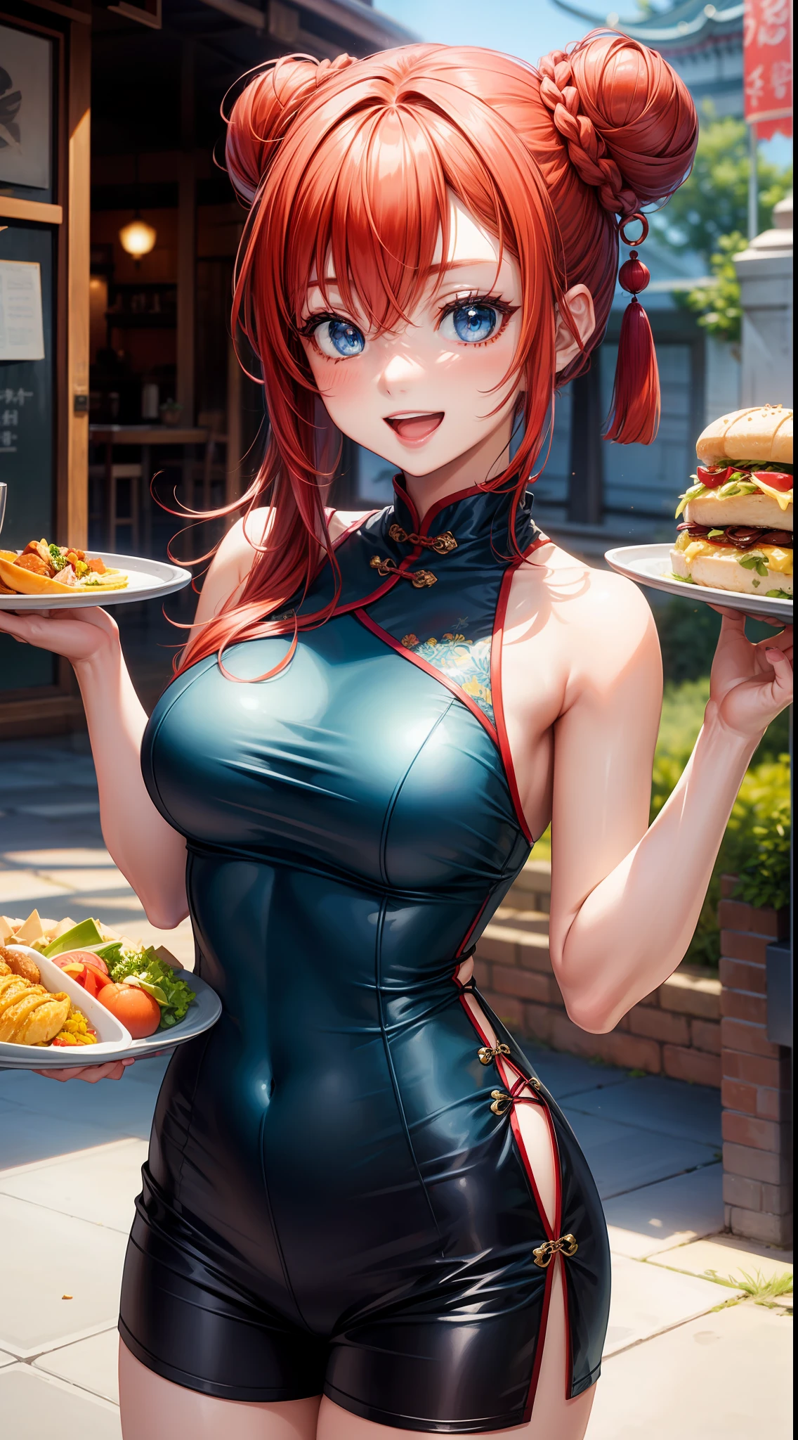 young girl, red hair in a bun, blue eyes, Chinese sleeveless dress, Shorts, A tray of food, Cheerful smile, open mouth, Masterpiece, high qulity
