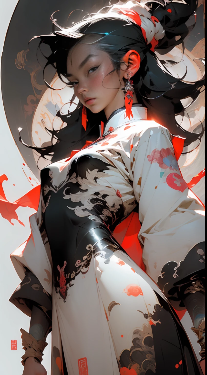 wuxia,vector art,1ebony woman with tattoos,black hair,white clothes,super colorful,luminous colorization,sharp, cinematic,dof,35mm,pintura luminosa
