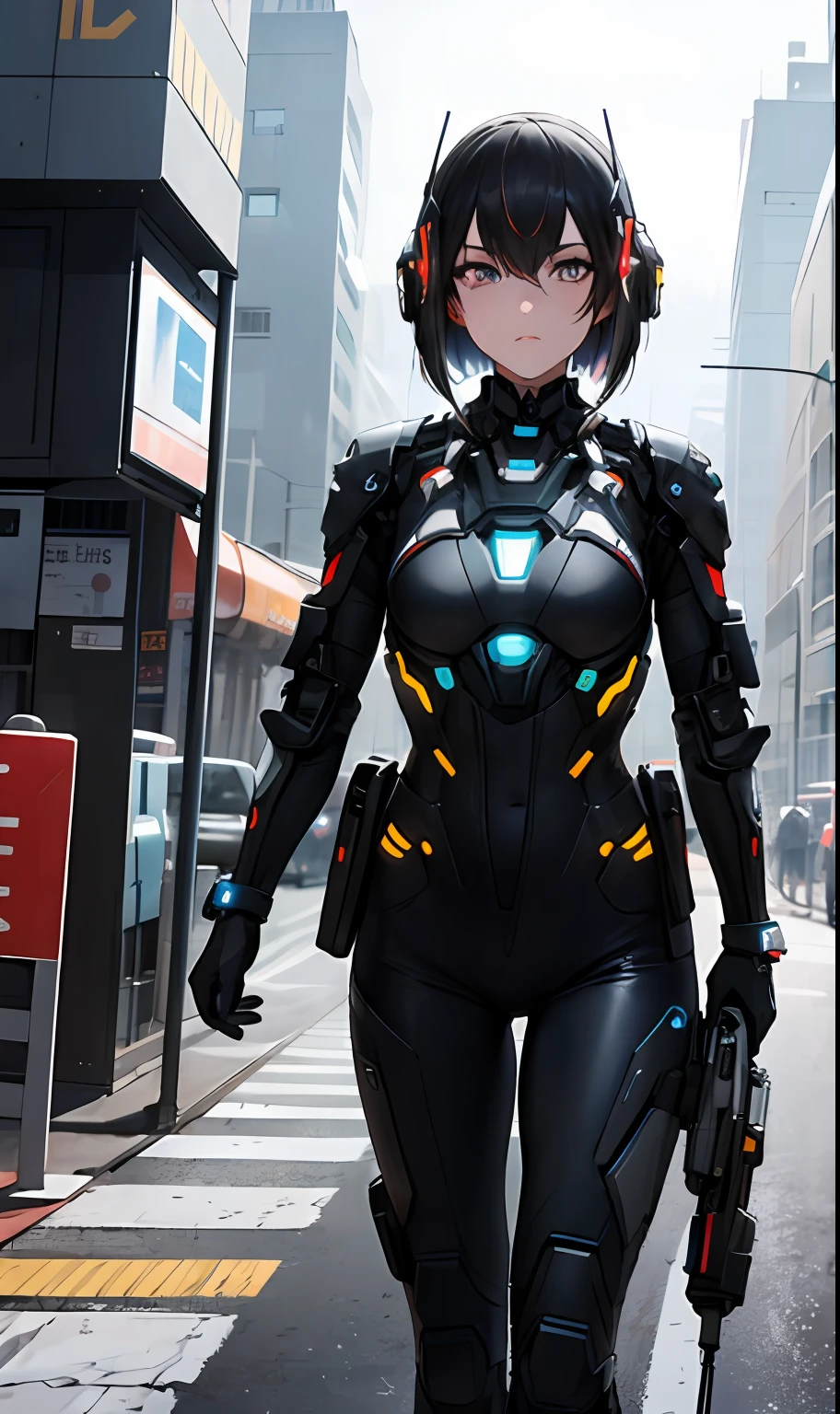 (masterpiece, best quality, ultra-detailed, best shadow), (saturated colors), (detailed background), (best illumination, an extremely delicate and beautiful), ((cinematic light)), hyper detail, dramatic light, intricate details, detailed face, detailed expression, detailed eyes, 1girl, (adult), mature, (futuristic city, futuristic street, (futuristic, sci fi)), portal, ((sci fi mercenary)), sci fi gun, (((pedestrians))), unemotional