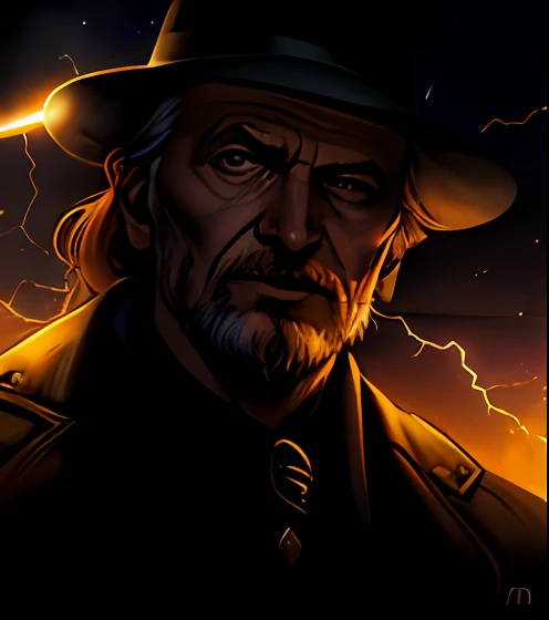 (((Cara raivosa)), (comic styled), David Bradley wearing a black hat and black clothes, cena escura, ao ar livre a noite em uma fazenda, olhos azuis, fazenda Noturna, particles, Chuva leve, Foco masculino, (cabo de fluxo longo), noite, Chuva, lightning bolts, fundo detalhado, (arte de Frank Miller), obra-prima, (realista:1.3), perfect illumination, sombreamento perfeito, (textura realista do tecido), hiper-realista, (fotorrealista:1.5)