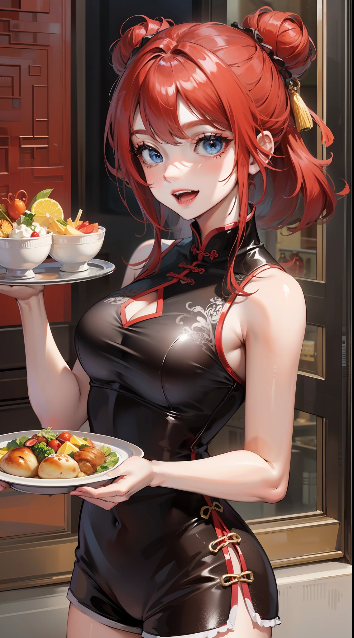young girl, red hair in a bun, blue eyes, Chinese sleeveless dress, Shorts, A tray of food, Cheerful smile, open mouth, Masterpiece, high qulity