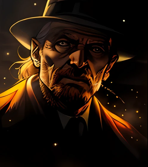 (((Cara raivosa)), (comic styled), David Bradley wearing a black hat and black clothes, cena escura, ao ar livre a noite em uma fazenda, olhos azuis, fazenda Noturna, particles, Chuva leve, Foco masculino, (cabo de fluxo longo), noite, Chuva, lightning bolts, fundo detalhado, (arte de Frank Miller), obra-prima, (realista:1.3), perfect illumination, sombreamento perfeito, (textura realista do tecido), hiper-realista, (fotorrealista:1.5)