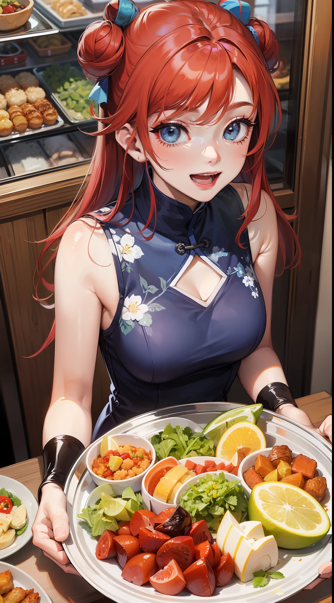 young girl, red hair in a bun, blue eyes, Chinese sleeveless dress, Shorts, A tray of food, Cheerful smile, open mouth, Masterpiece, high qulity