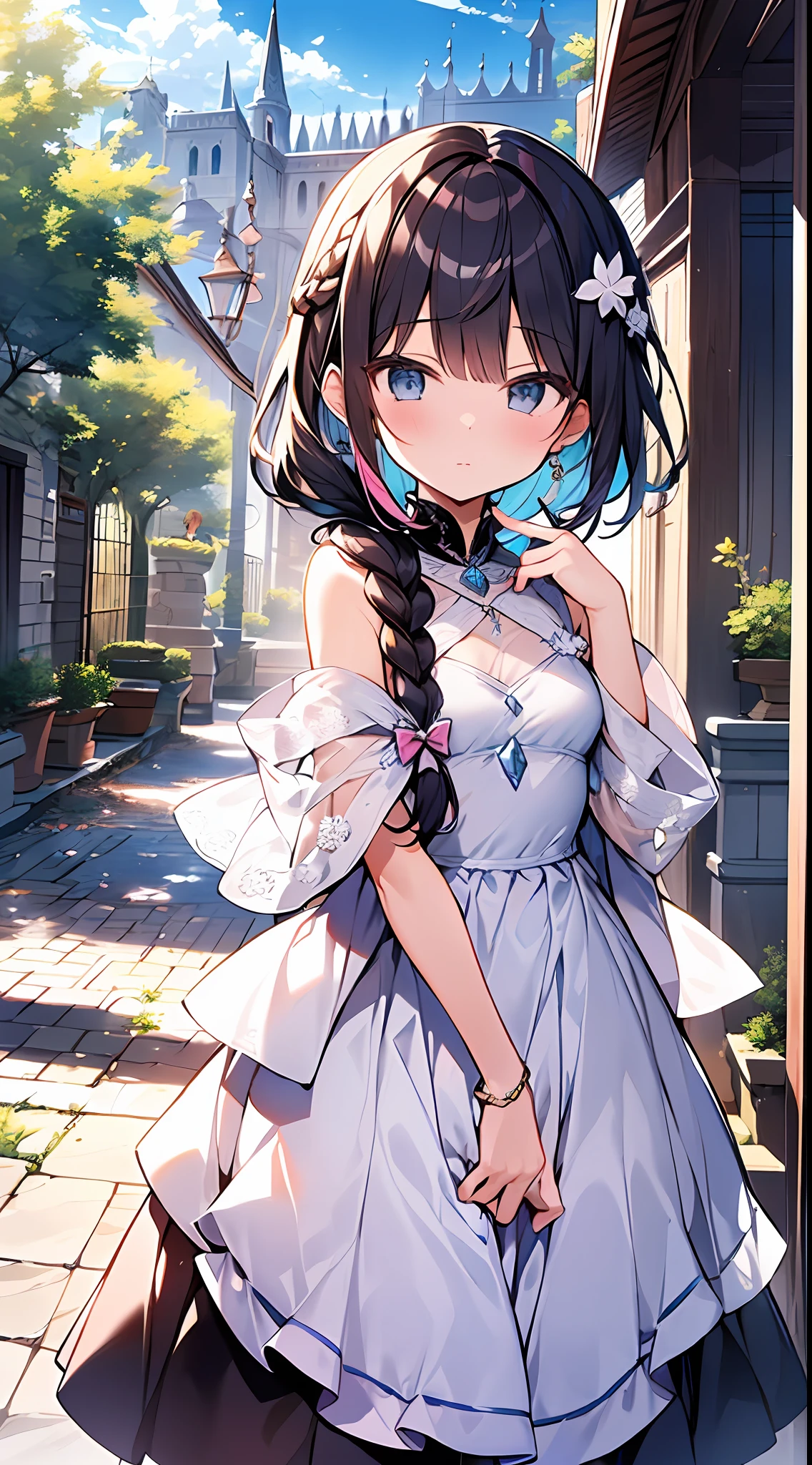 (incredibly absurdres absolutely resolution: 1.5), highest quality, masterpiece, ultra high resolution, 8k, (multiple girls), (gorgeous dresses with many gorgeous and colorful decorations) BREAK shoujo manga style, (loli), soft line drawing, digital enhancement, shojo manga touch, environmental change scenes, shojo manga core, ( Hair length to the shoulders))), (((short braid))), ancient capital of the West, full body visible angle, entangle, beautiful and aesthetic: 1.5, High quality: 1.3