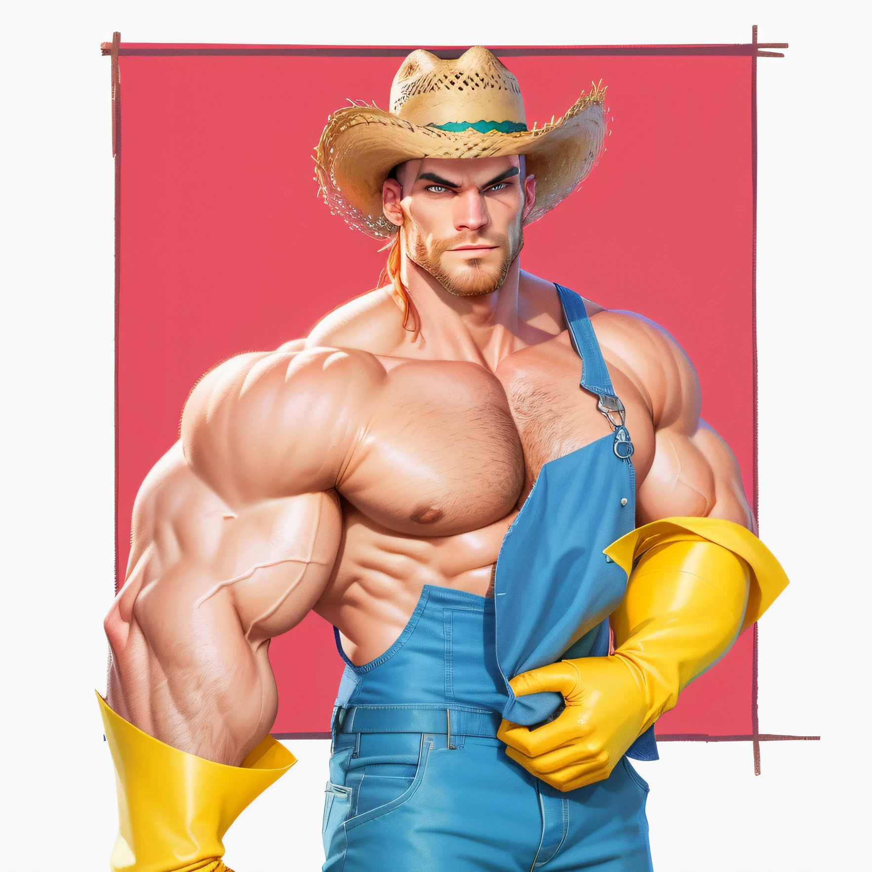 Cartoon of a man with a straw hat and gloves, agricultor, muscular character, Technoviking masculino sem camisa, homem buff, Design de personagens de quadrinhos dos anos 90, color digital illustration, Agricultor alto, tarot card of a shirtless cowboy, espantalho masculino poderoso, full color illustration, inspirado por Dong Kingman, he got a big french musctache
