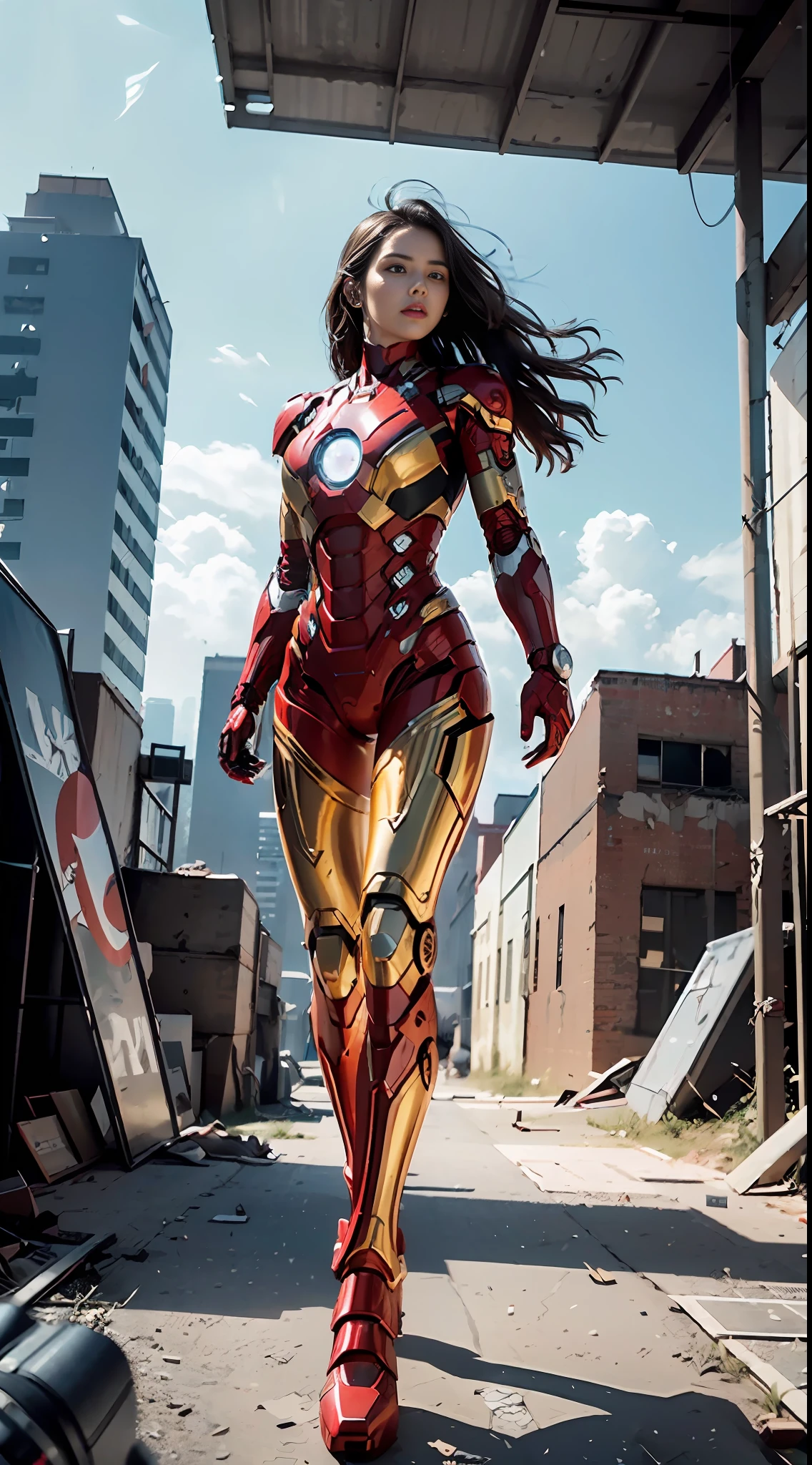 RAW, Masterpiece, Ultra Fine Photo,, Best Quality, Ultra High Resolution, Photorealistic, Sunlight, Full Body Portrait, Stunningly Beautiful,, Dynamic Poses, Delicate Face, Vibrant Eyes, (Side View) , she is wearing a futuristic Iron Man mech, red and gold color scheme, highly detailed abandoned warehouse background, detailed face, detailed and complex busy background, messy, gorgeous, milky white, high detailed skin, realistic skin details, visible pores , sharp focus, volumetric fog, 8k uhd, dslr camera, high quality, film grain, fair skin, photorealism, lomography, sprawling metropolis in futuristic dystopia, view from below, translucent
