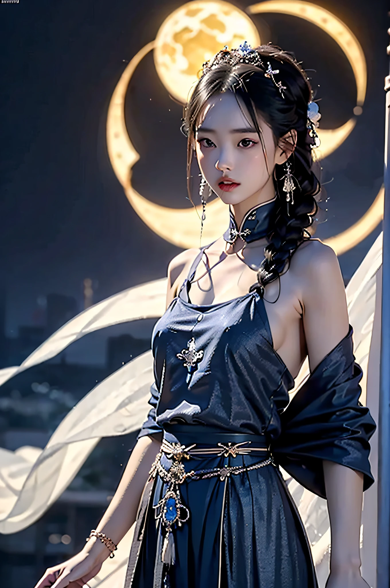 Hyperrealistic,4K,35mm,fashion,cinematography,magazine photoshoot,super high details, Professional lighting, Masterpiece, Best quality, Super high resolution, Visually stunning, (1girls:1.3), (dark blue theme:1.2), Light gray background, Deep blue, Cowboy shot,Girl,Wuxia,Chinese style,Hanfu,Tang Feng,,The skin, Skirt,