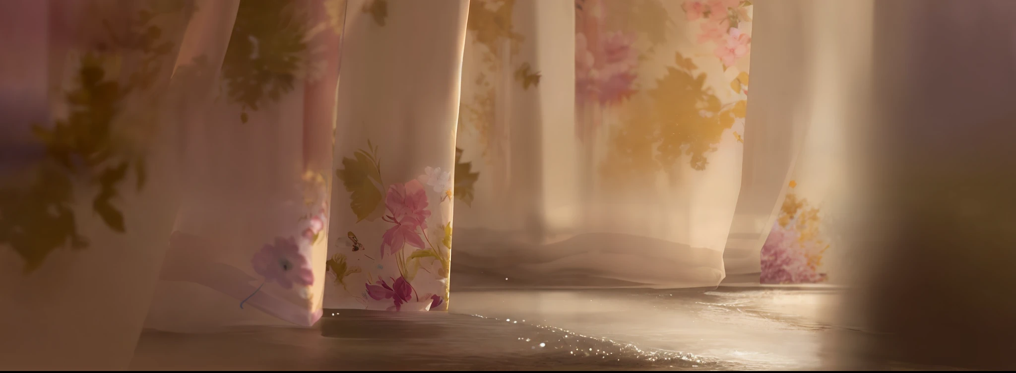 On the lake,flowing realistic fabric, ethereal curtain, alexandra fomina, wet fabric, wet drapery, muted morning light, alexey egorov, summer morning light, long flowing fabric, inspired by Anna Füssli, Chiffon, Flowing fabric, Frayed edges. light leaks