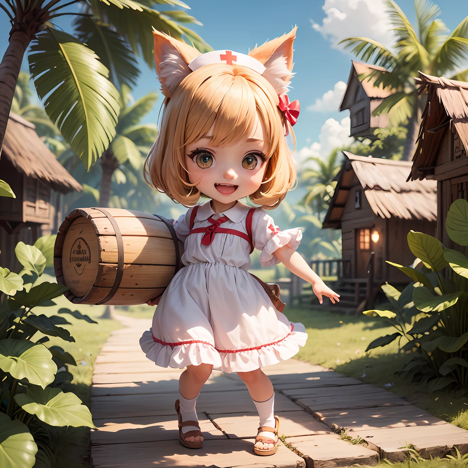 巨作、beste-Qualit、ultra hyper-detailed、One Cat Girl、Chibi Chara、nurse's outfit、The world of Donkey Kong、Cremis Island、Tall and primitive house、House on a tree、banana trees、Lift the wooden barrel with both hands、a smile、open open mouth